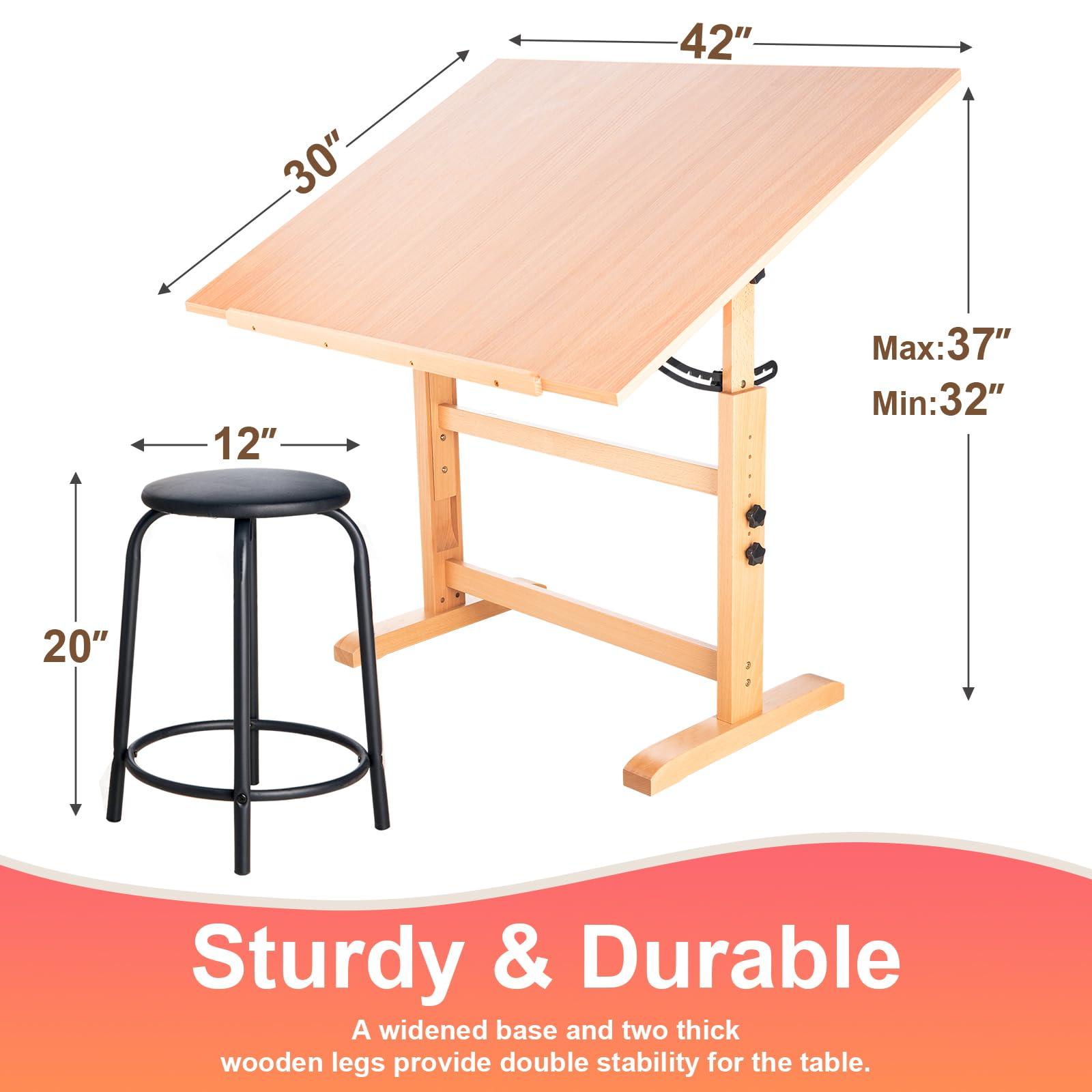 Falling in Art Falling in Art Wooden Drafting Table and Stool Set, 30\" x 42\" Adjustable Height and Angle Solid Wood Drawing Desk for Adults, Artist Craft Table for Painting Artwork, Reading, and Writing
