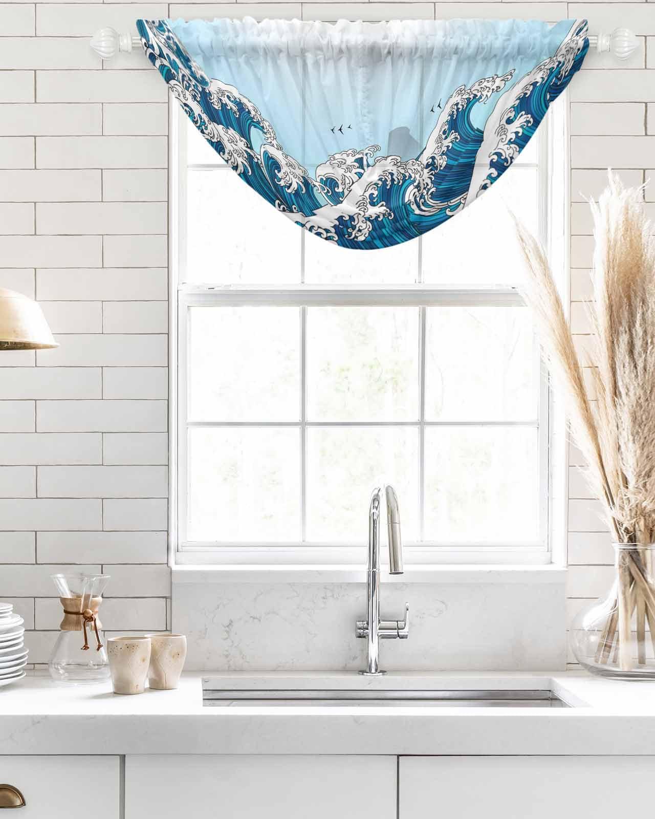 Hokiten Hokiten Blue Ombre Coastal Sheer Waterfall Valance Curtains for Window, Modern Blue Sea Wave Abstract Art Rod Pocket Sheer Topper Swag Curtains for Living Room, Kitchen 38.5" W x 47.2" L, 1 Panel