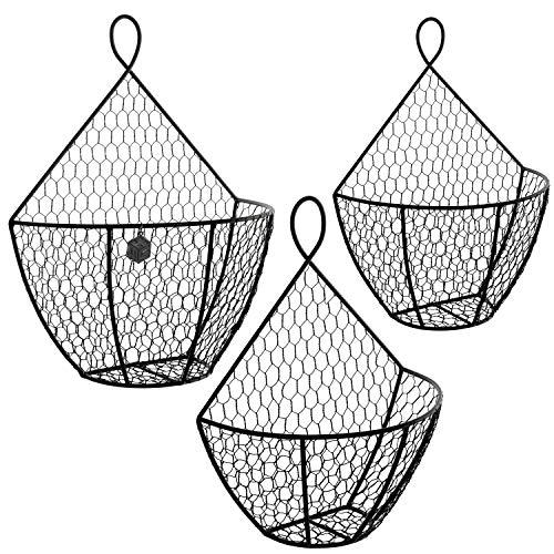 MyGift MyGift Wall Mounted Brown Metal Chicken Wire Hanging Fruit Basket, Country Farmhouse Kitchen Vegetables and Produce Storage Bin, Set of 3