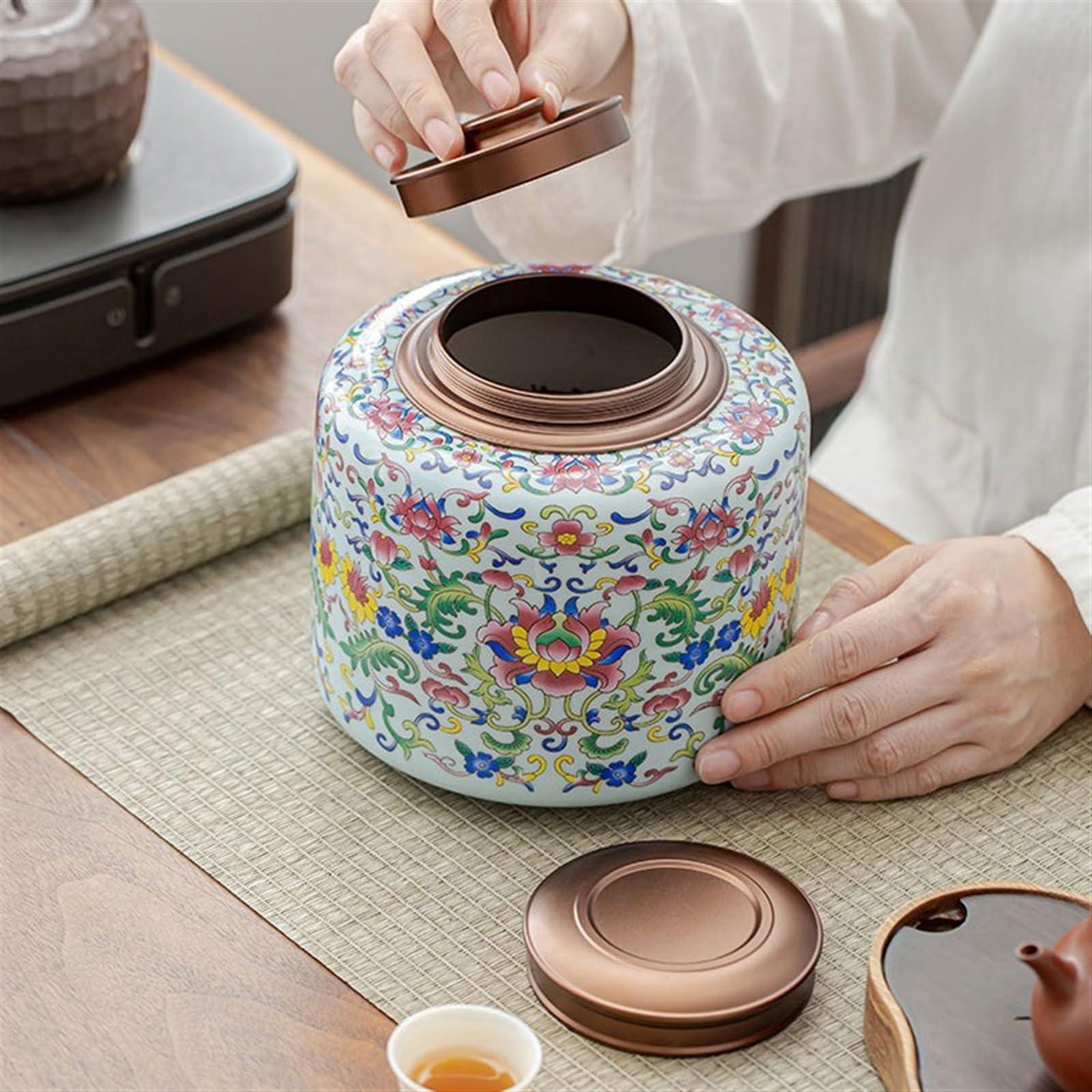 GRFIT Tea Tin Beautiful Enameled Loose Leaf Tea Canister Ceramic Double Lid Sealed Canister Large Premium Tea Warehouse Loose Tea Storage Containers