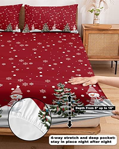 ZFUNCING Christmas Snowman on Snowy Season Fitted Bed Sheets Queen Size Fit 5-16inch Deep Pockets,Luxury Bottom Sheet Bedding Set with Pillow Case,Winter Whtie Snowflake on Red Fitted Sheet for Mattress