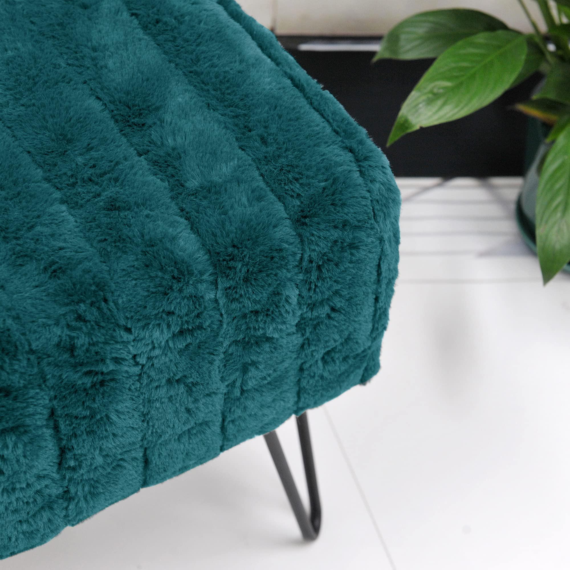 Warmaxx Warmaxx Blue-Green Mink Faux Fur Ottoman Entryway Bench, 19.5\"x12.5\"x17\"H Comfy Furry Makeup Stools with Metal Legs Foot Rest Sturdy Foot Stool Bedroom End of Bed Living Room Couch Vanity Home Dcor