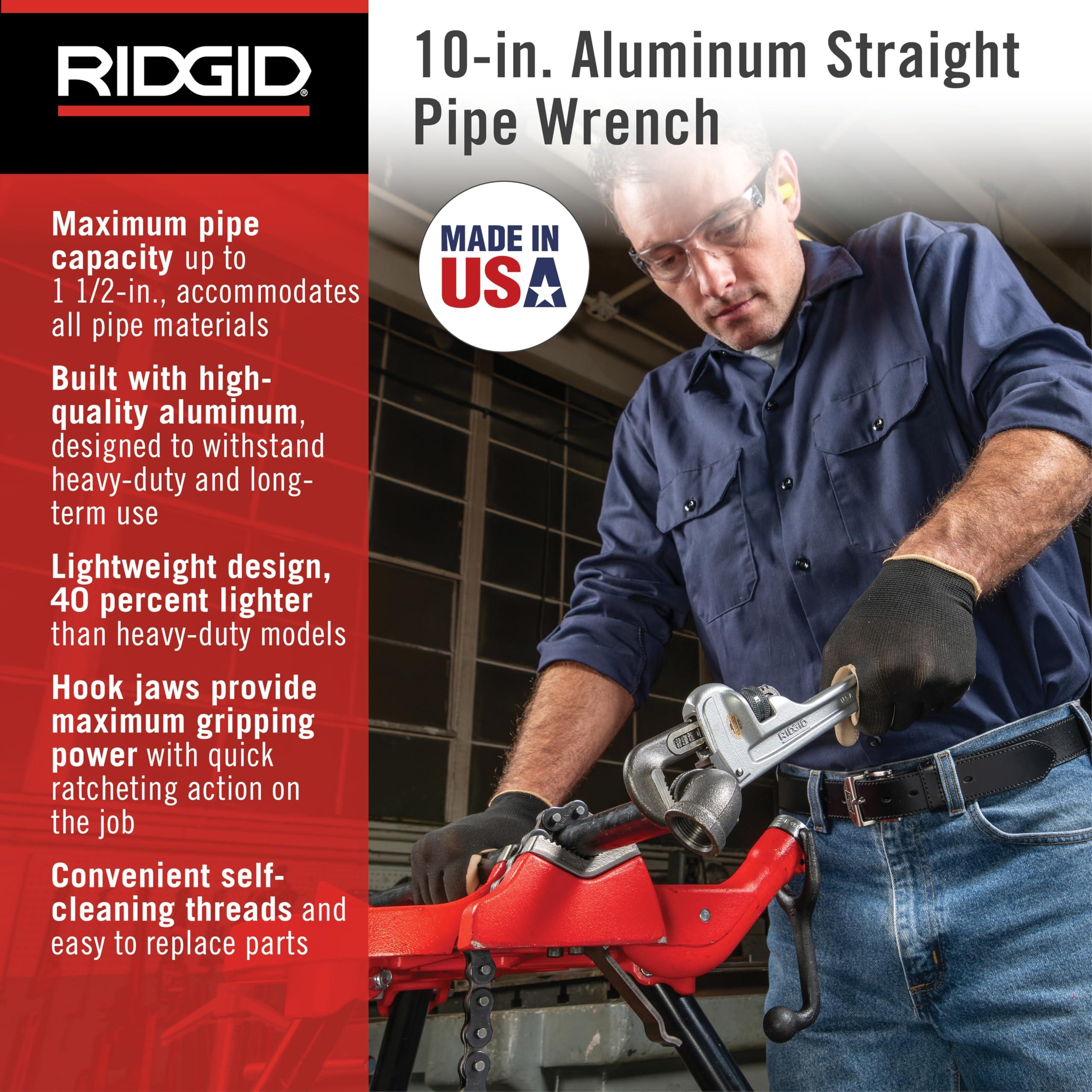 RIDGID RIDGID 31090 Aluminum Straight Pipe Wrench, 10\" Sturdy Plumbing Wrench with Self Cleaning Threads and Hook Jaws