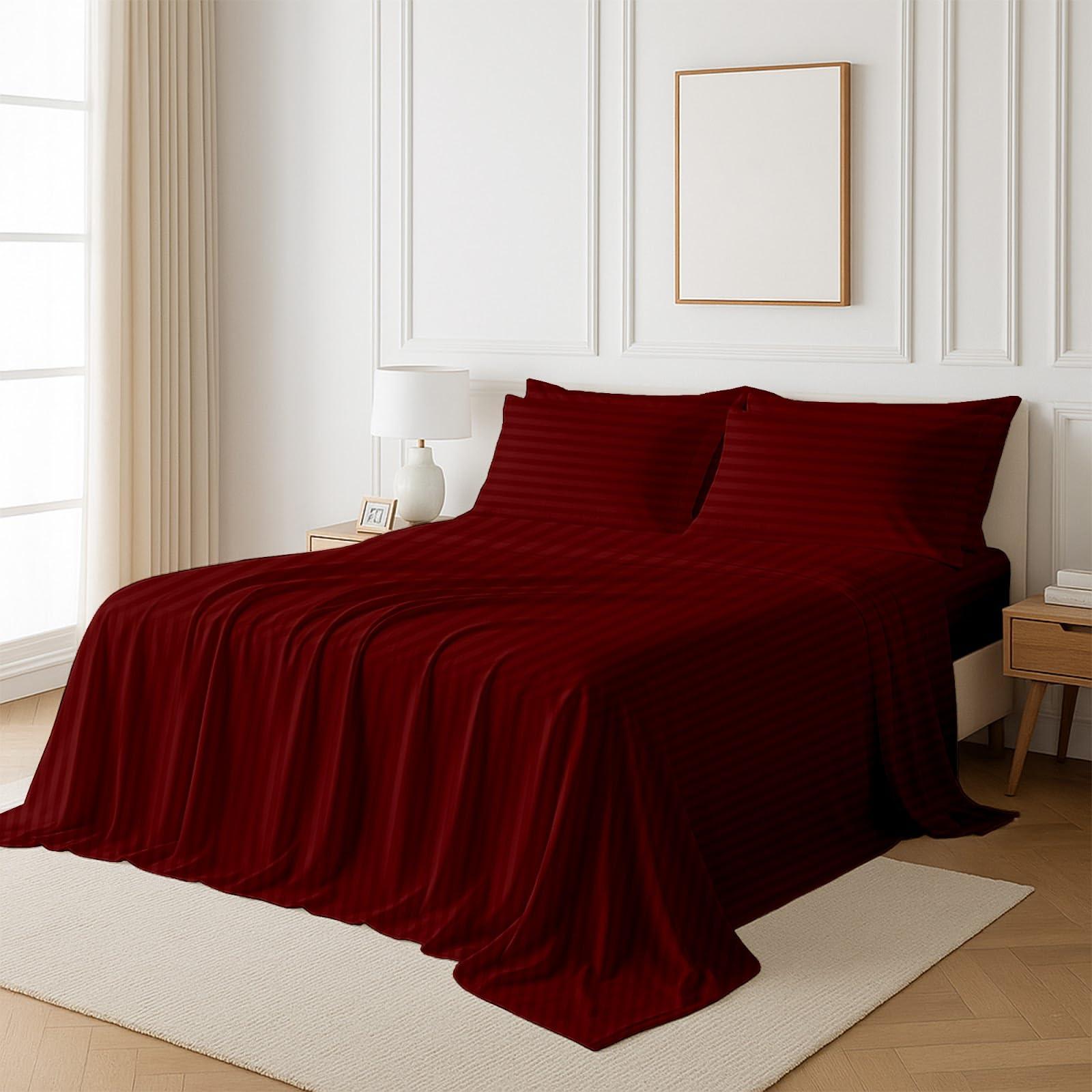 NON Sticky cotton Queen Size Sheet Set - 6 Piece Set - 400-Thread-Count 100% Egyptian Cotton Bed Sheets - Deep Pockets - Easy Fit - Bed Sheets Queen Size Set - Burgundy Stripe Bed Sheets - Queens Sheets - 6 PC