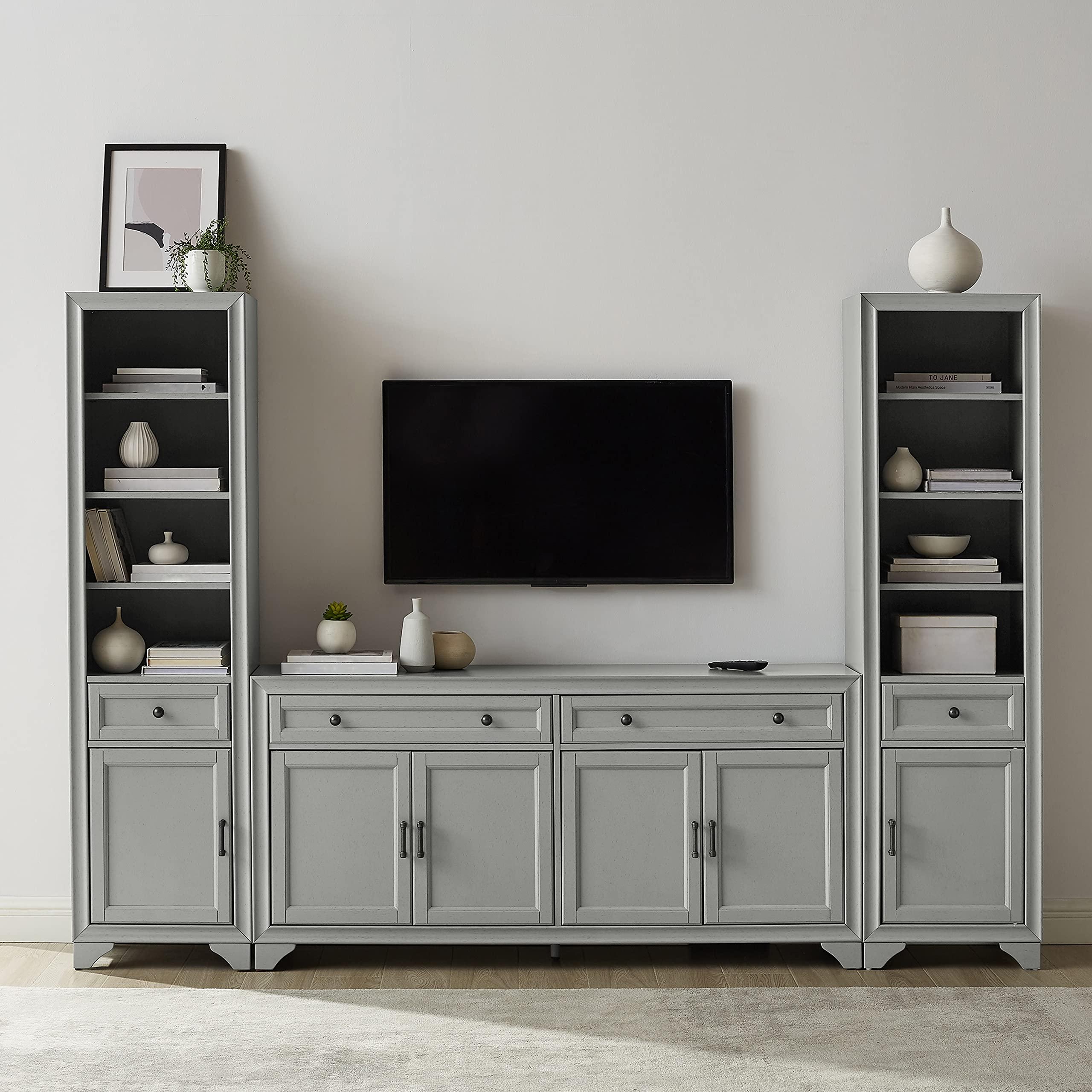 Crosley Furniture Crosley Furniture Tara 3-Piece Entertainment Center with TV Stand, Bookshelves, and Storage Shelves, Distressed Gray