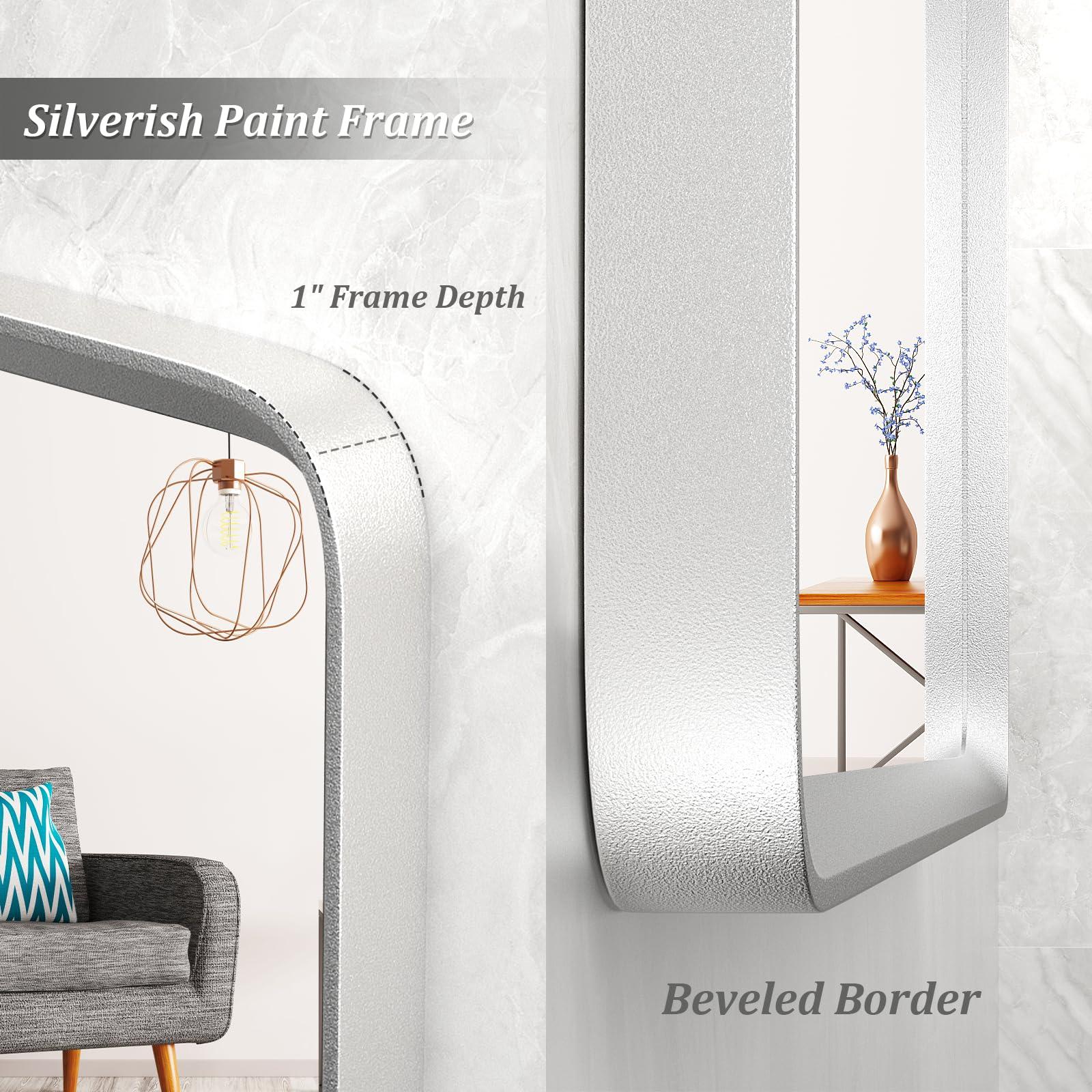 GOLOMO GOLOMO 48x36 Inch Silver Bathroom Mirror for Wall, Silver Metal Framed Bathroom Vanity Mirror, Modern Rounded Rectangle Mirror, Shatterproof, Anti-Rust (Horizontal/Vertical)