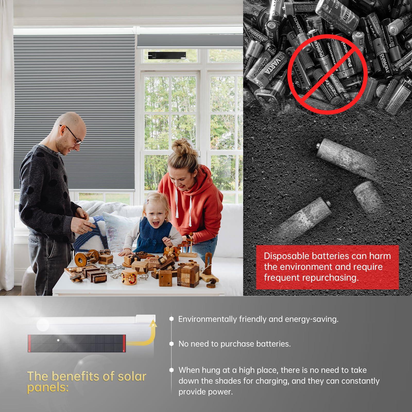 CINONEKO CINONEKO No Drill Motorized Cellular Shades with RemoteCordless Smart Honeycomb BlindsFree Solar Panel Blackout Electric Blinds, No Tools No Drilling Honeycomb Shades,Gray 32x64