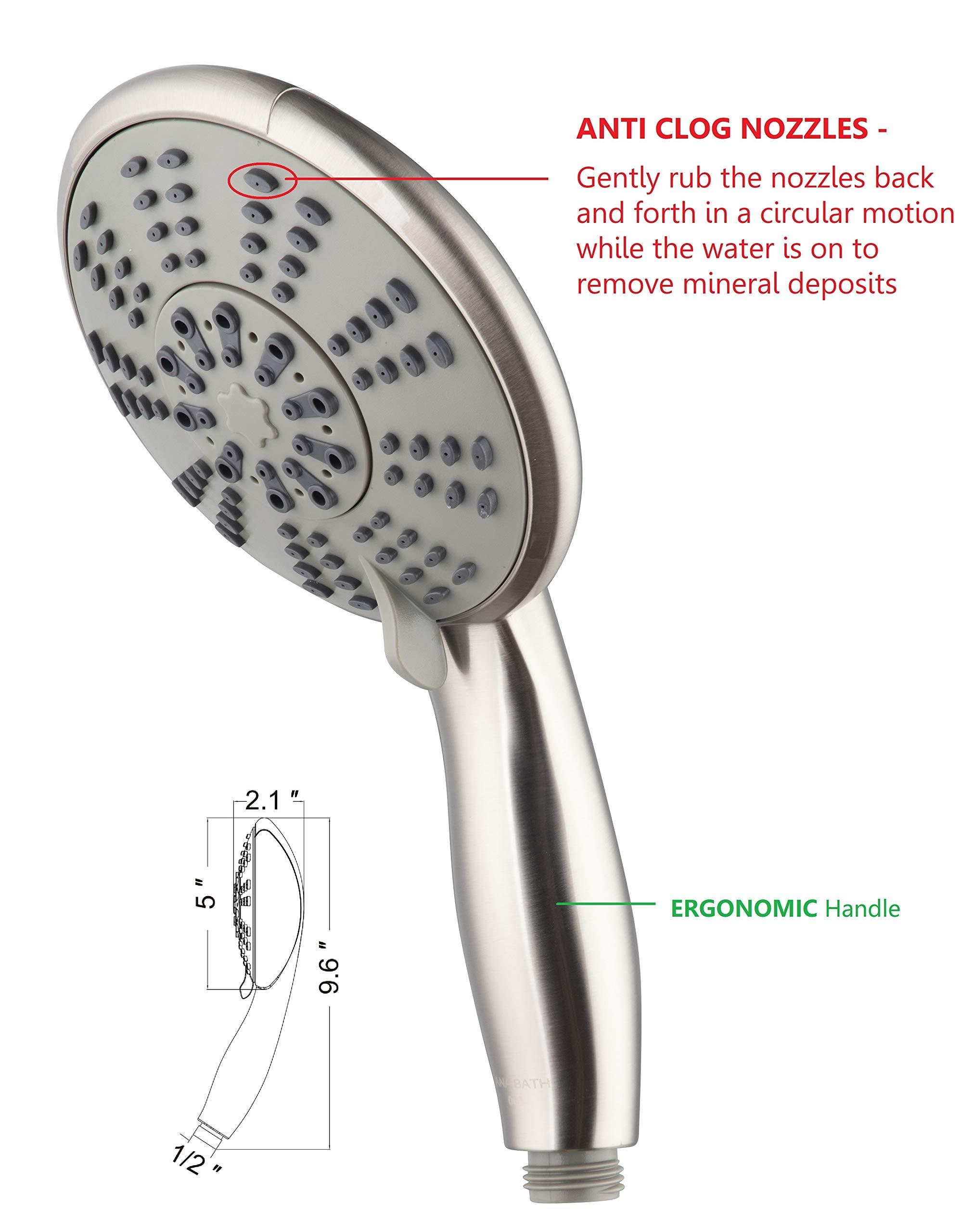 Ana Bath Ana Bath 5-Inch Anti-Clog High Pressure LARGE Dual Shower Head with Handheld Spray - 5 Unique Spray Modes/BRASS CONNECTOR/5 Ft Stainless Steel Hose/Spot Resist Brushed Nickel