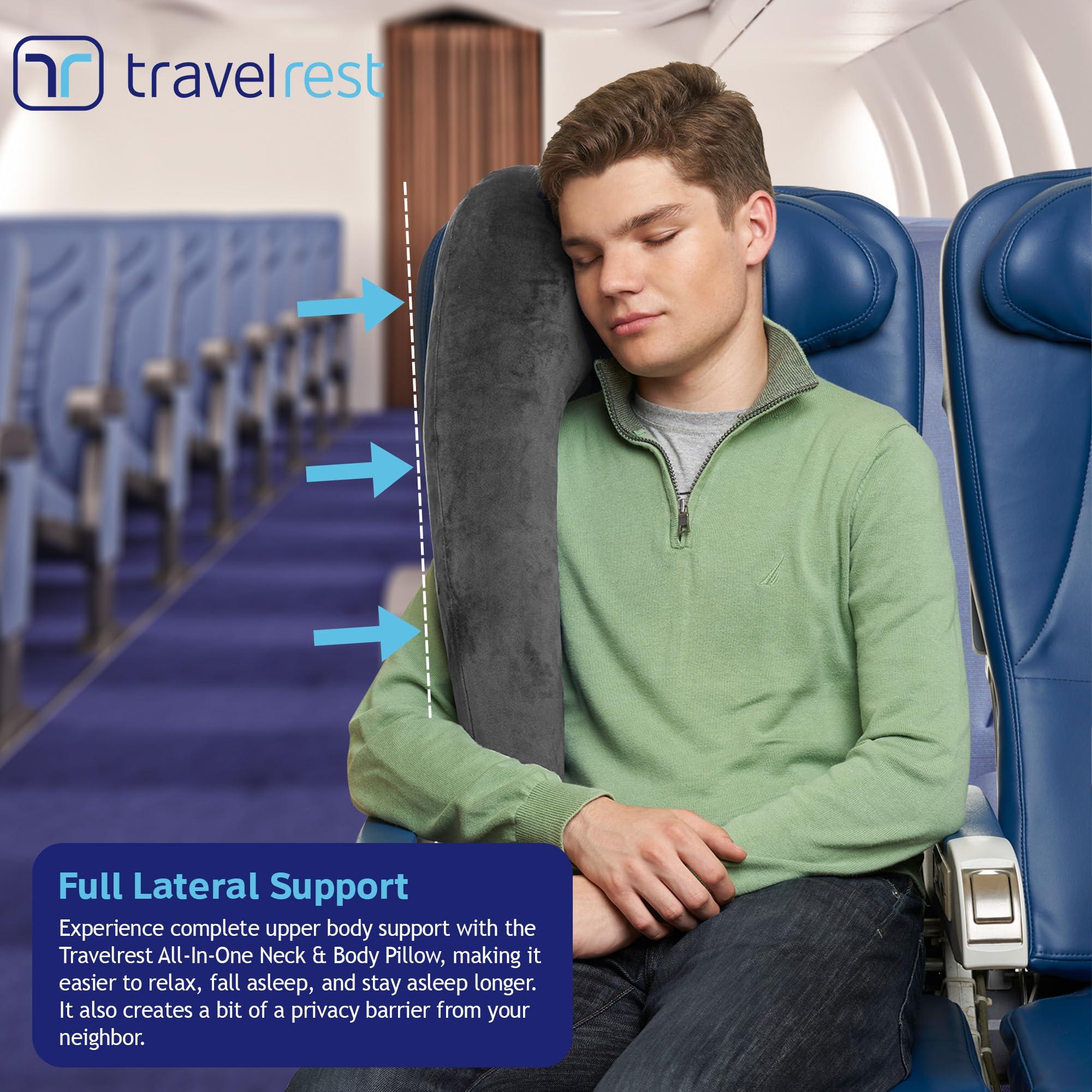 TRAVELREST TRAVELREST All-in-One Travel Pillow for Neck & Body, Attaches to Airplane & Car Seat, Memory Foam Inserts, Washable Velour Cover, Inflatable, Stores Compact, Sleeping on Long Flights & Trips, Grey