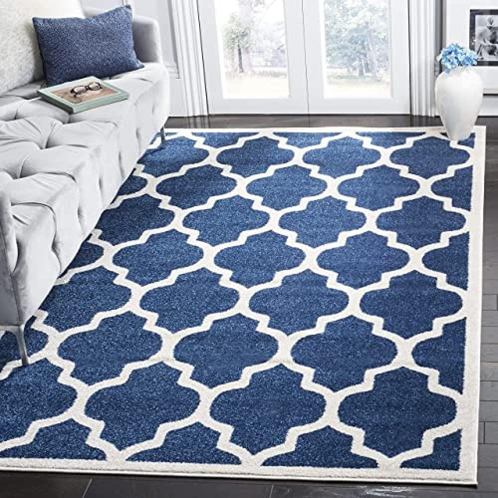 Safavieh SAFAVIEH Amherst Collection 7' Square Navy / Beige AMT420P Moroccan Trellis Non-Shedding Living Room Bedroom Dining Home Office Area Rug