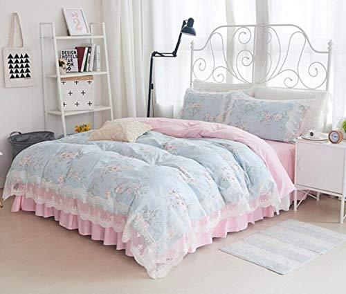 Mbay Mbay Girls Blue Pink Lace Bed Set Twin, Chic Flower Print Duvet Cover Cotton, Princess Fashion Bed Skirt, 3PCS