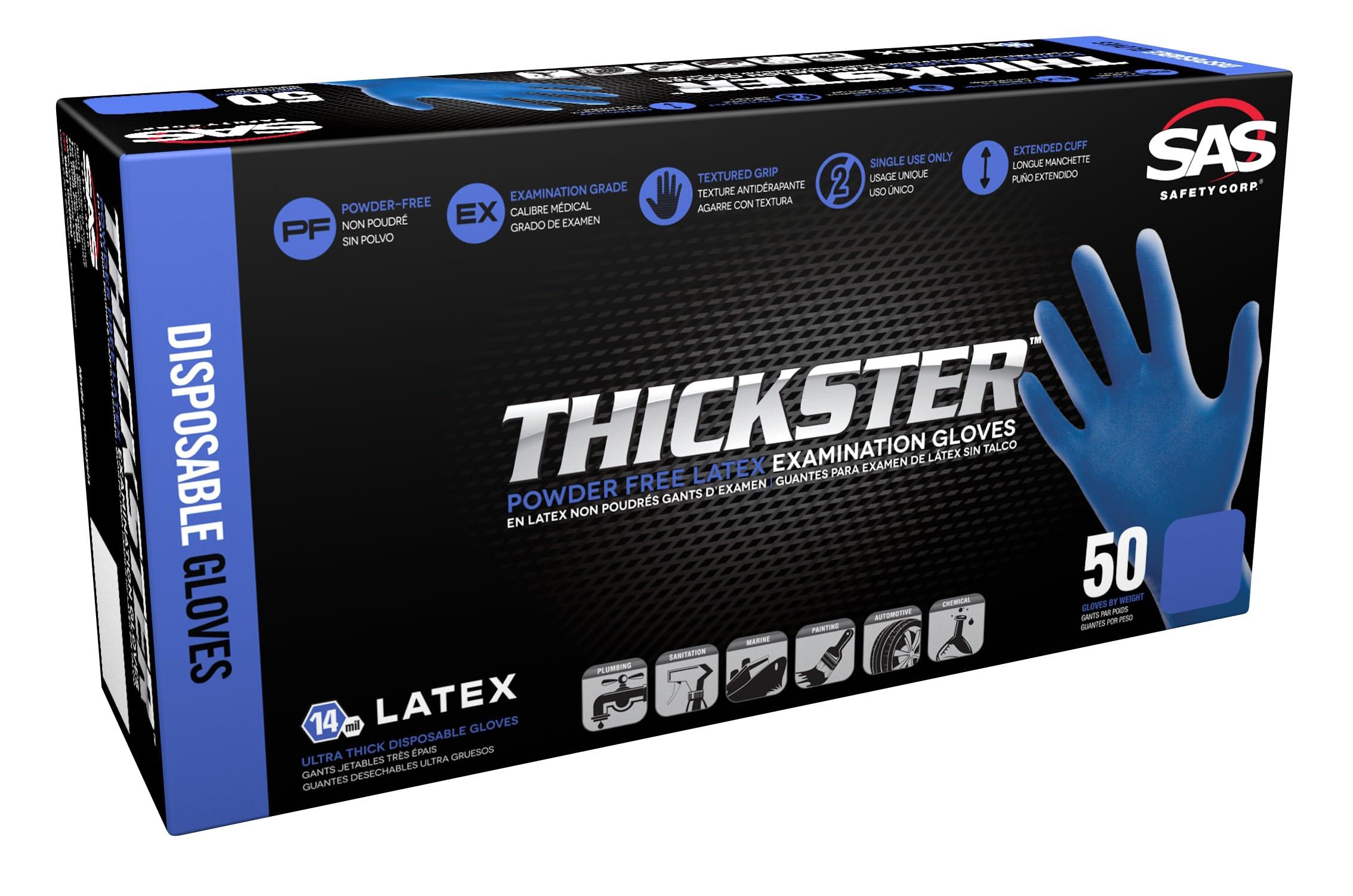 THICKSTER Thickster Powder-Free Exam Grade Latex Disposable Gloves. Size Large. Blue, 14 mil Thickness, 12\" Length. Fully Textured for Superior Grip. Single Use. Pack of 50. (6603-20)