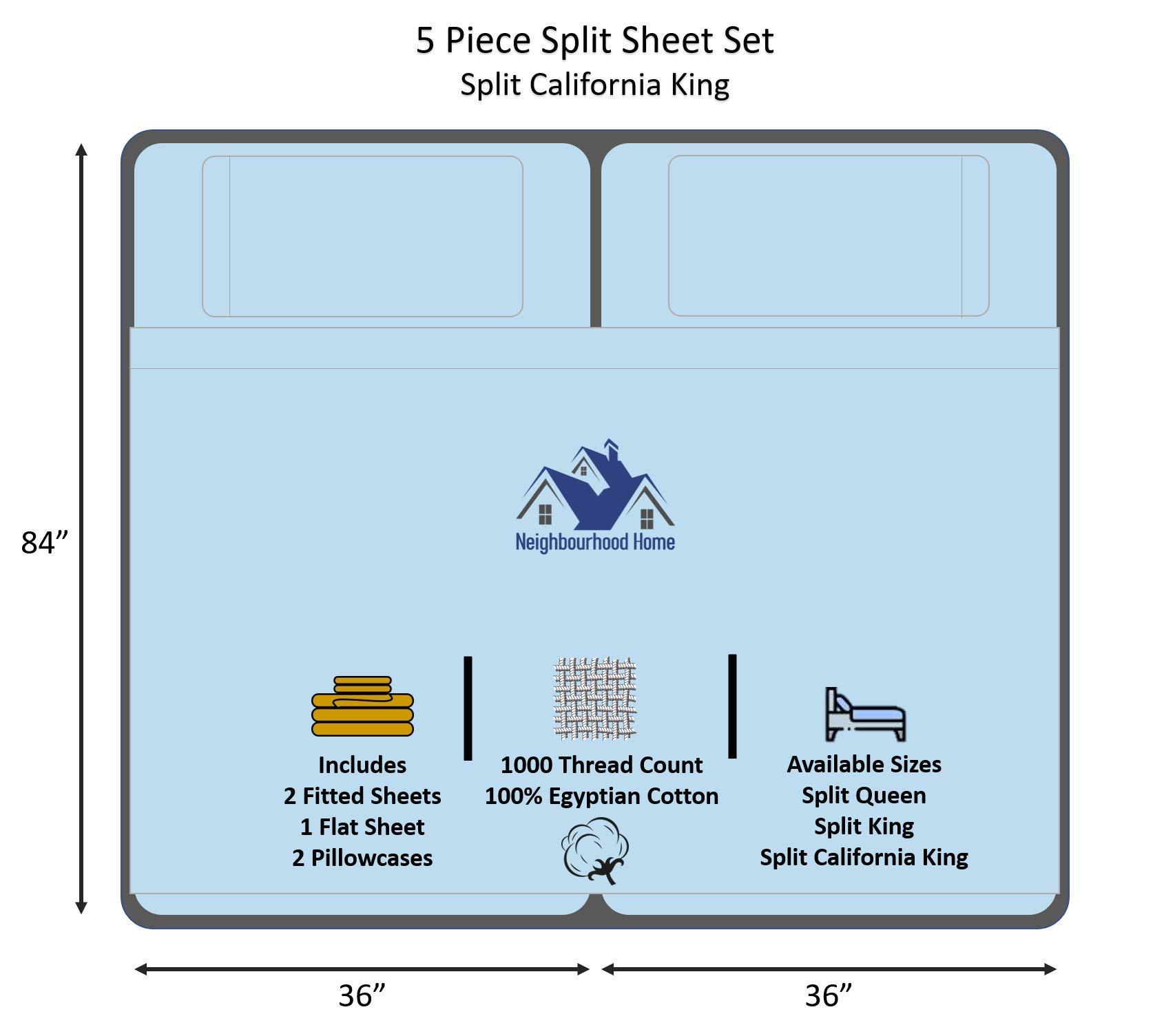 Neighbourhood Home Split California King Egyptian Cotton Sheets Sets for Adjustable Bed 22-Inches Extra Deep Pocket- 1000-Thread-Count, 100% Egyptian Cotton 5-PC Sheet Set Soft Breathable Sateen Weave - Light Blue