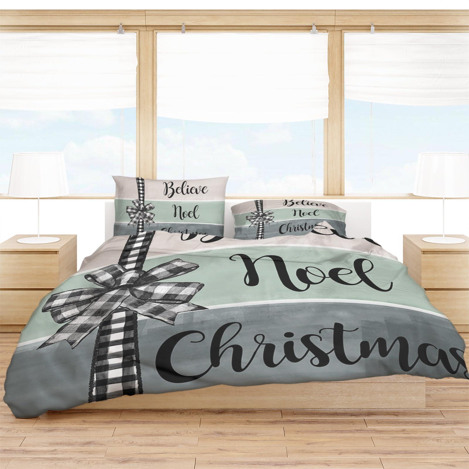Debedcor Christmas Duvet Cover Cal. King Size, Beige Teal Grey Oil Painting Xmas Bow Knot Comforter Cover with Zipper Closure, 3 Piece Bedding Sets 1 Duvet Cover 90x106 Inches and 2 Pillow Shams