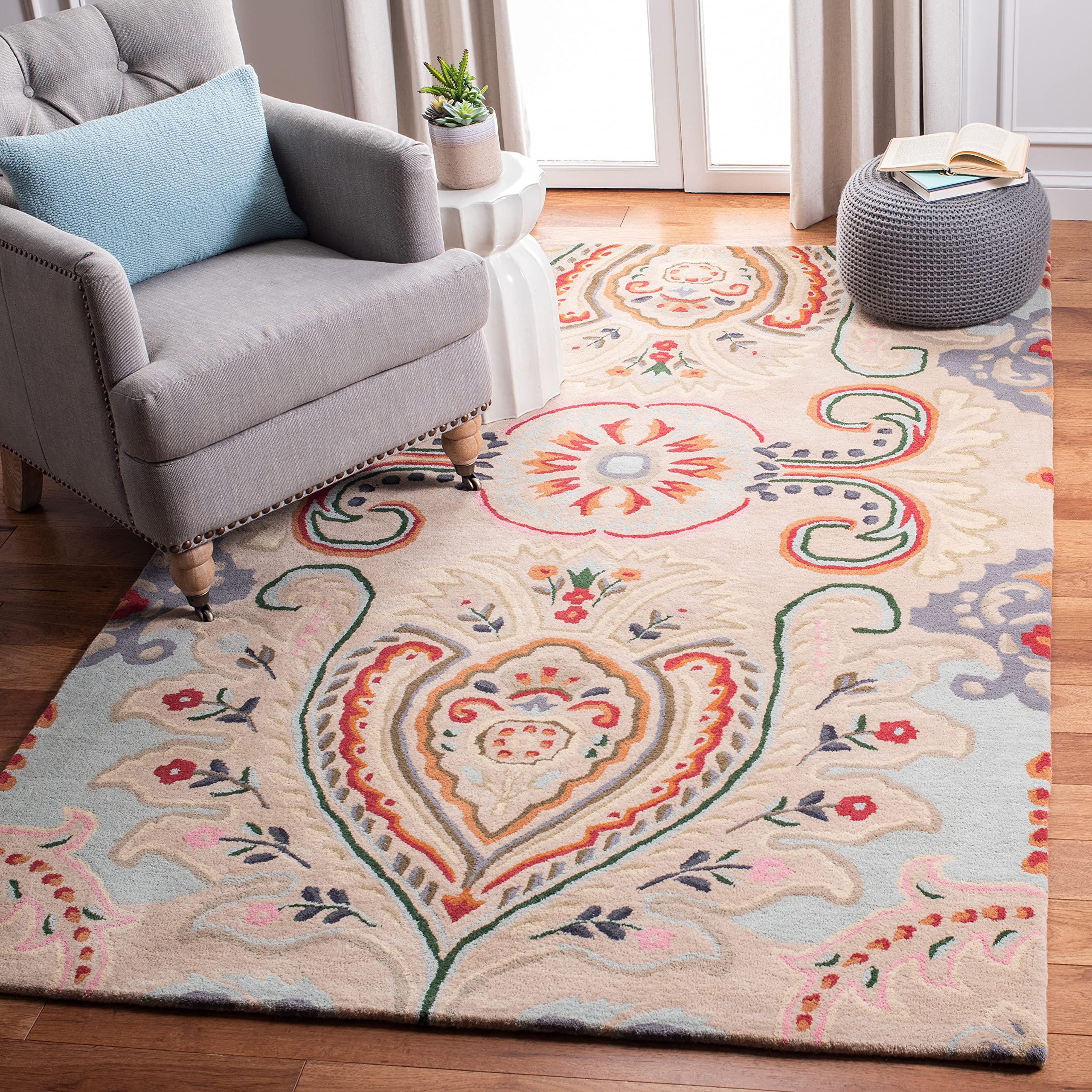 Safavieh SAFAVIEH Bella Collection Area Rug - 5' x 8', Beige & Blue, Handmade Boho Wool, Ideal for High Traffic Areas in Living Room, Bedroom (BEL118B)