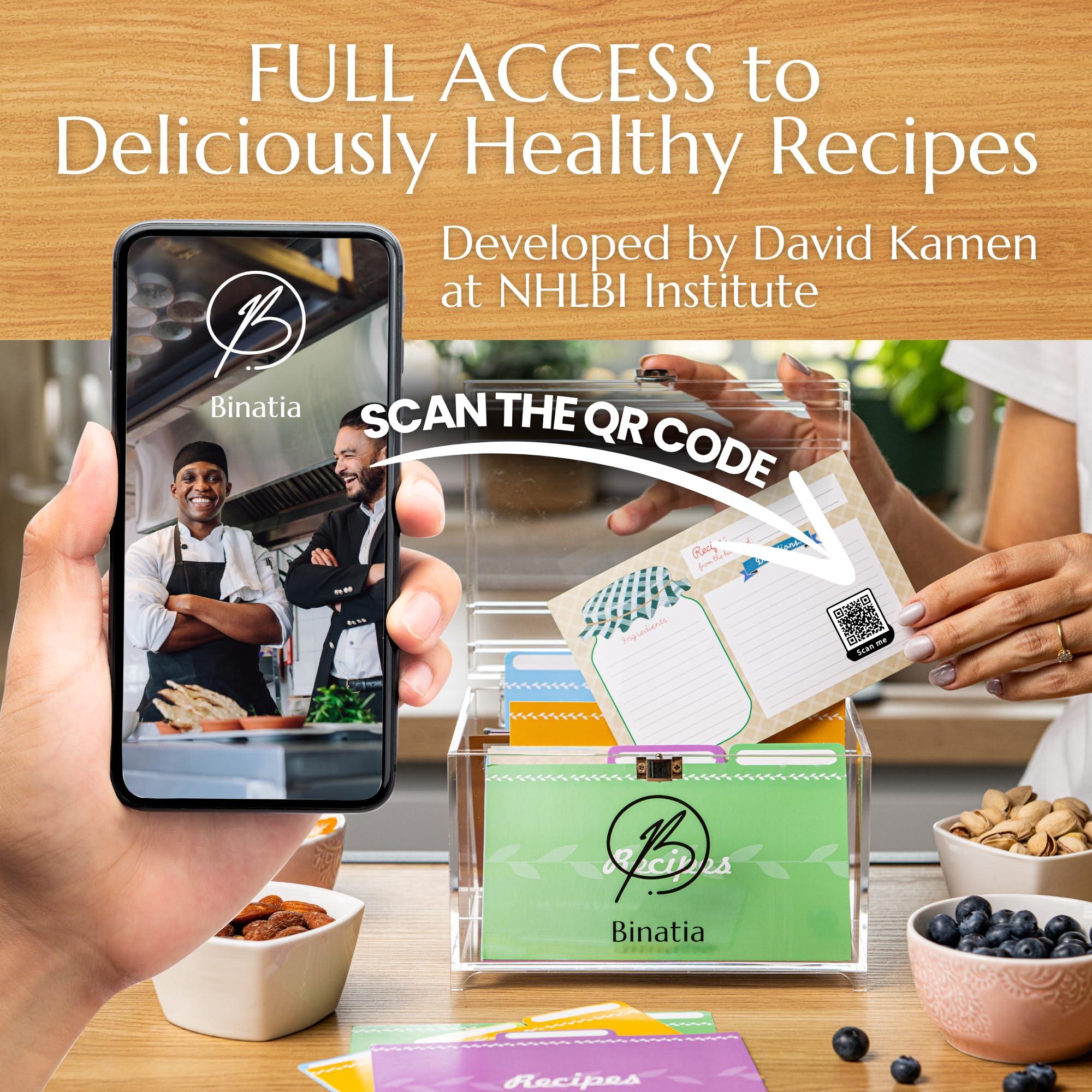 Binatia Recipe Box 50 Double-Sided Cards 4x6 Recipe cardsClear Acrylic Organizer with, Index Card Holder, Dividers, Bonus Recipe Book for Personalizing Your Own Recipes, Dimensions: 7.08\"x5.51\"x5.31\"