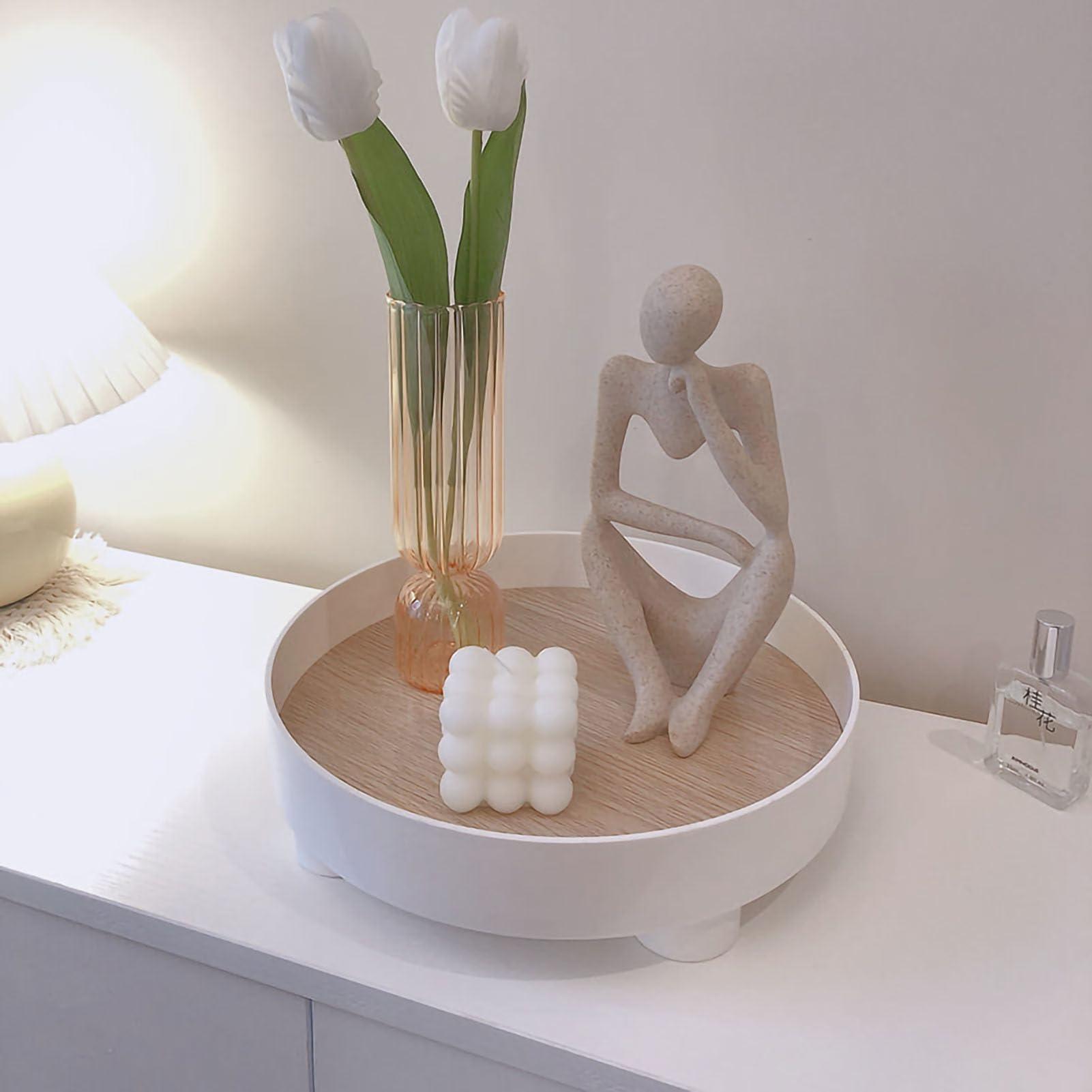 plplaaoo Snack Storage Tray,Round Plastic Tray, Vanity Serve Tray, Modern Round Plastic Tray - Stylish Decorative Desktop Organizer Tray for Snacks, Accessories and Cosmetic Dresser Storage(White), round