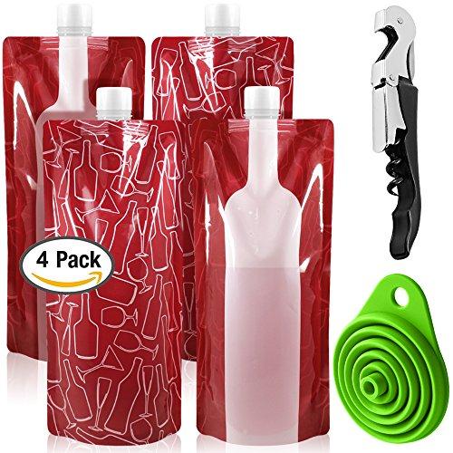 SENHAI Foldable Wine Bag, 750 ml, Portable Reusable Plastic Wine Bottle Pouch, SENHAI 4 Pack Collapsible Liquid Leak Proof Flask Holder for Wine Liquor Beverages, Travel, Gift - Red