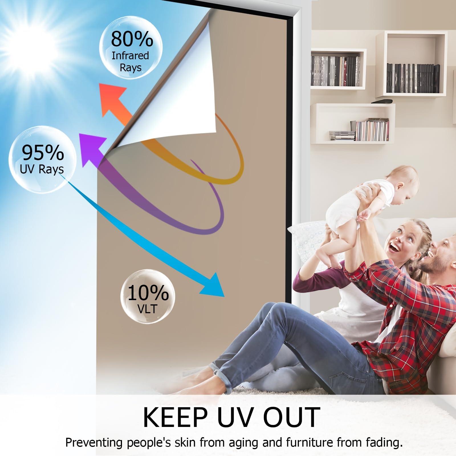 HIDBEA HIDBEA One Way Mirror Window Film, Daytime Privacy Sun Blocking Reflective Window Film Static Cling Heat Control Window Tinting Film for Home and Office, Brown Silver, 35.4 x 393.7 Inch