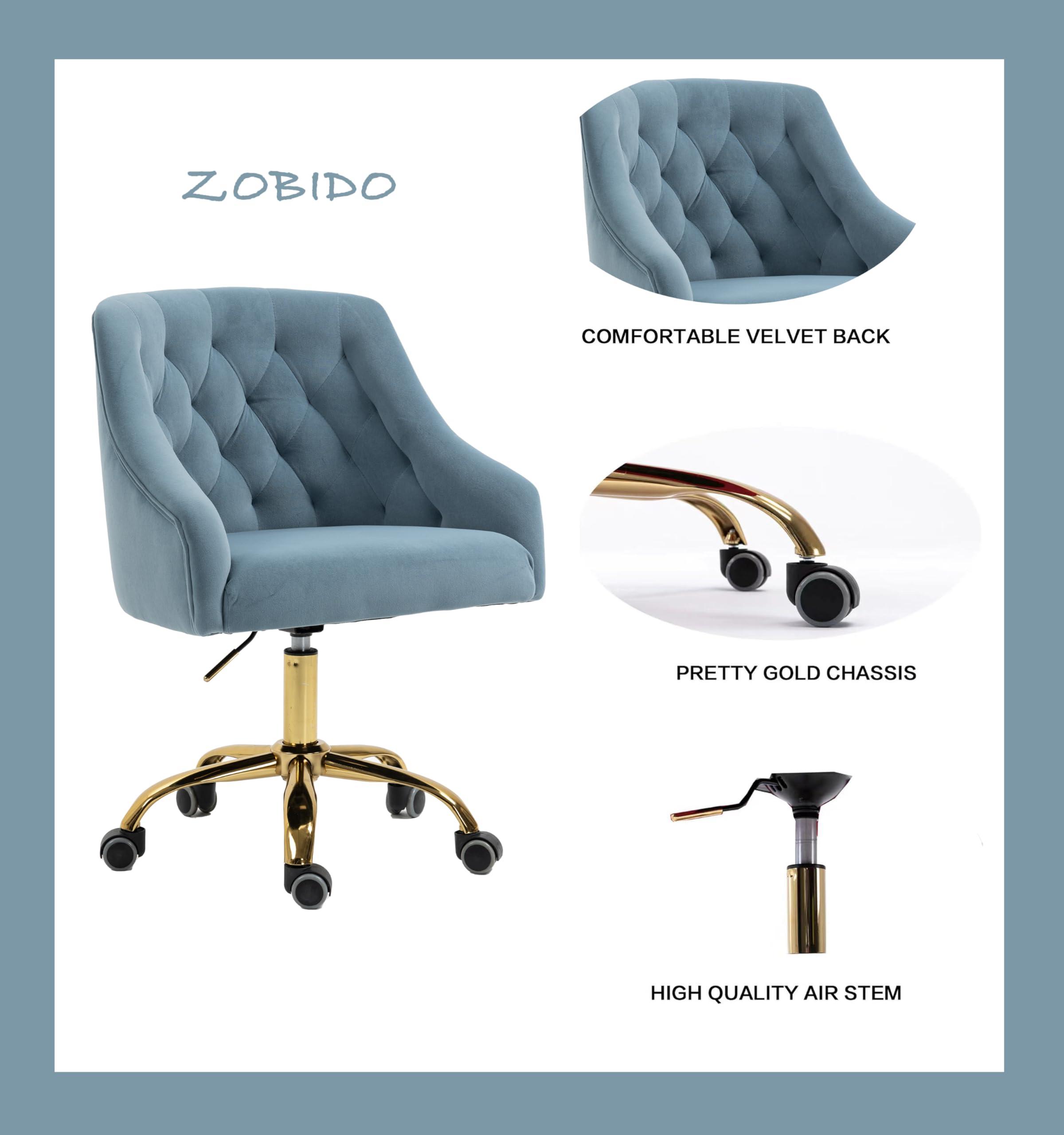 ZOBIDO ZOBIDO Comfy Home Office Task Chair with Wheels, Cute Modern Upholstered Velvet Seashell Back Adjustable Swivel Vanity Desk Chair, for Women, for Girls, Living Room(Haze Blue)