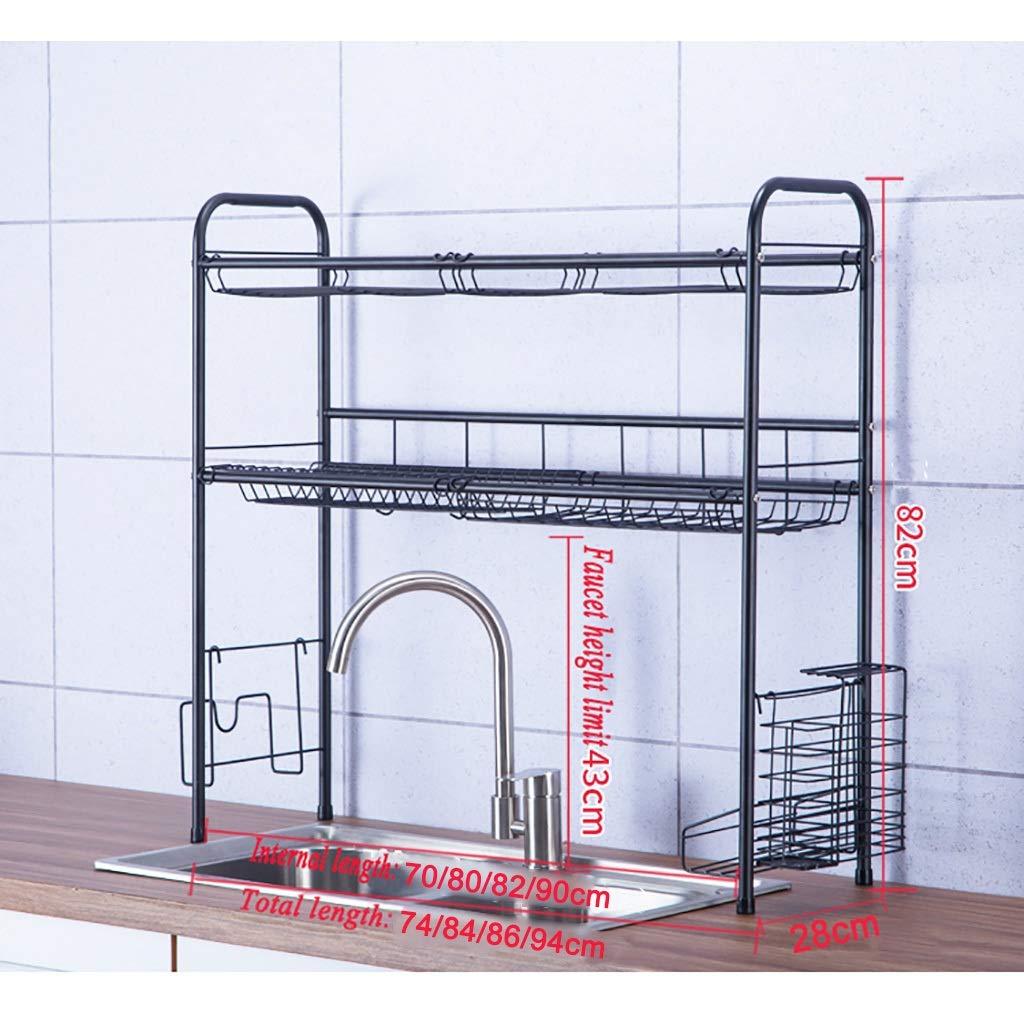 Generic 2 Tier Black 304 Stainless Steel Dish Drainer Rack, Kitchen Over The Sink Drain Rack, Space-Saving (74*28*82cm )