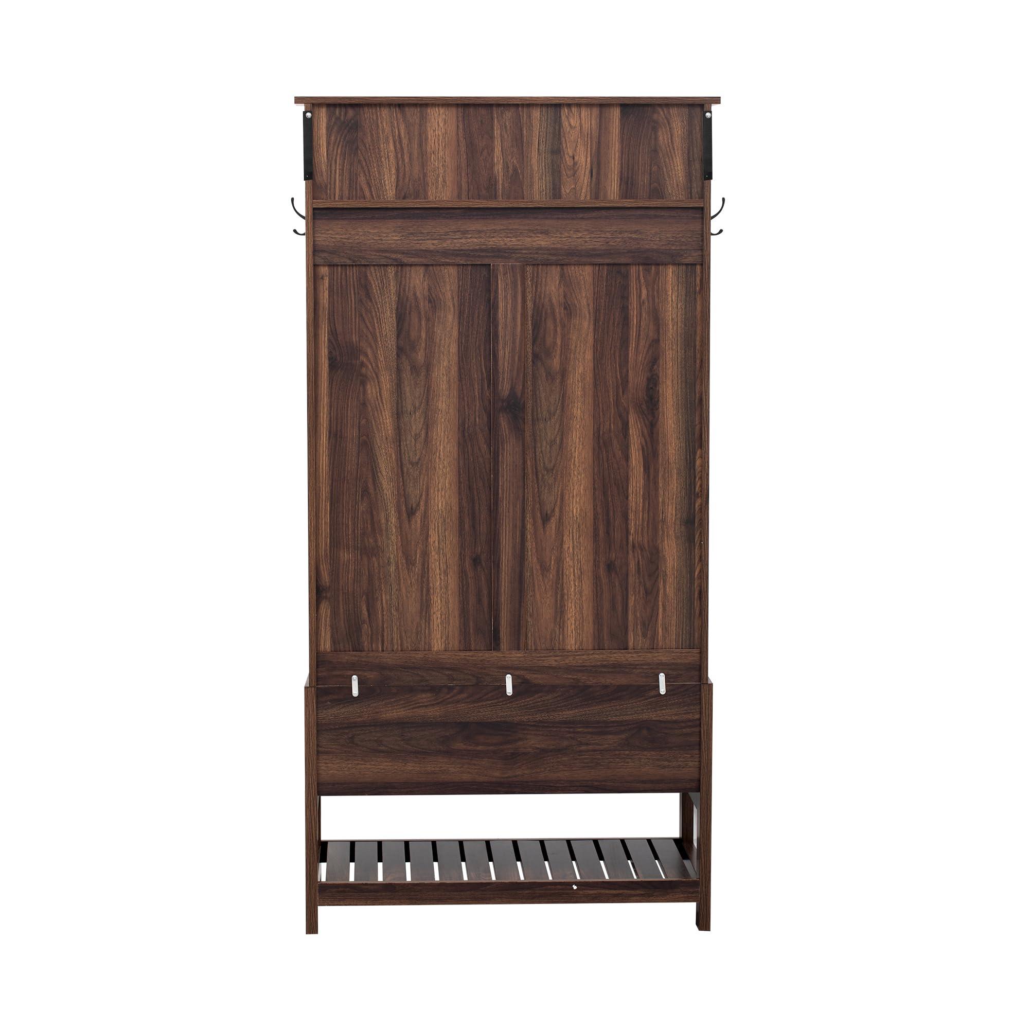 Royard Oaktree Royard Oaktree Hall Tree with Drawers and Removable Storage Boxes, Multifunctional Entryway Bench with Cushion and Shoe Rack, 3-in-1 Coat Hanger with 4 Hooks Wood Coat Tree for Hallway Mudroom, Brown