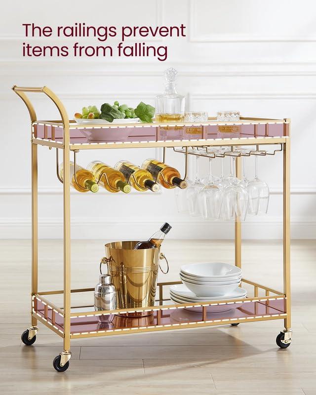 VASAGLE VASAGLE Bar Cart Gold, Home Bar Serving Cart, Wine Cart with 2 Mirrored Shelves, Wine Holders, Glass Holders, for Kitchen, Dining Room, Gold ULRC090A03