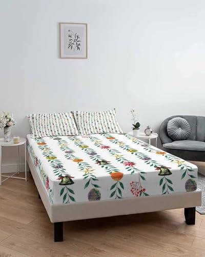 Chees D Zone Twin XL Fitted Sheet Deep Pocket Bed Sheets with Elastic, Christmas Colorful Bell Star Green Leaf Soft Brushed Microfiber Bed Sheet Set, Xmas Ornaments on White Mattress Cover with 2 Pillowcase