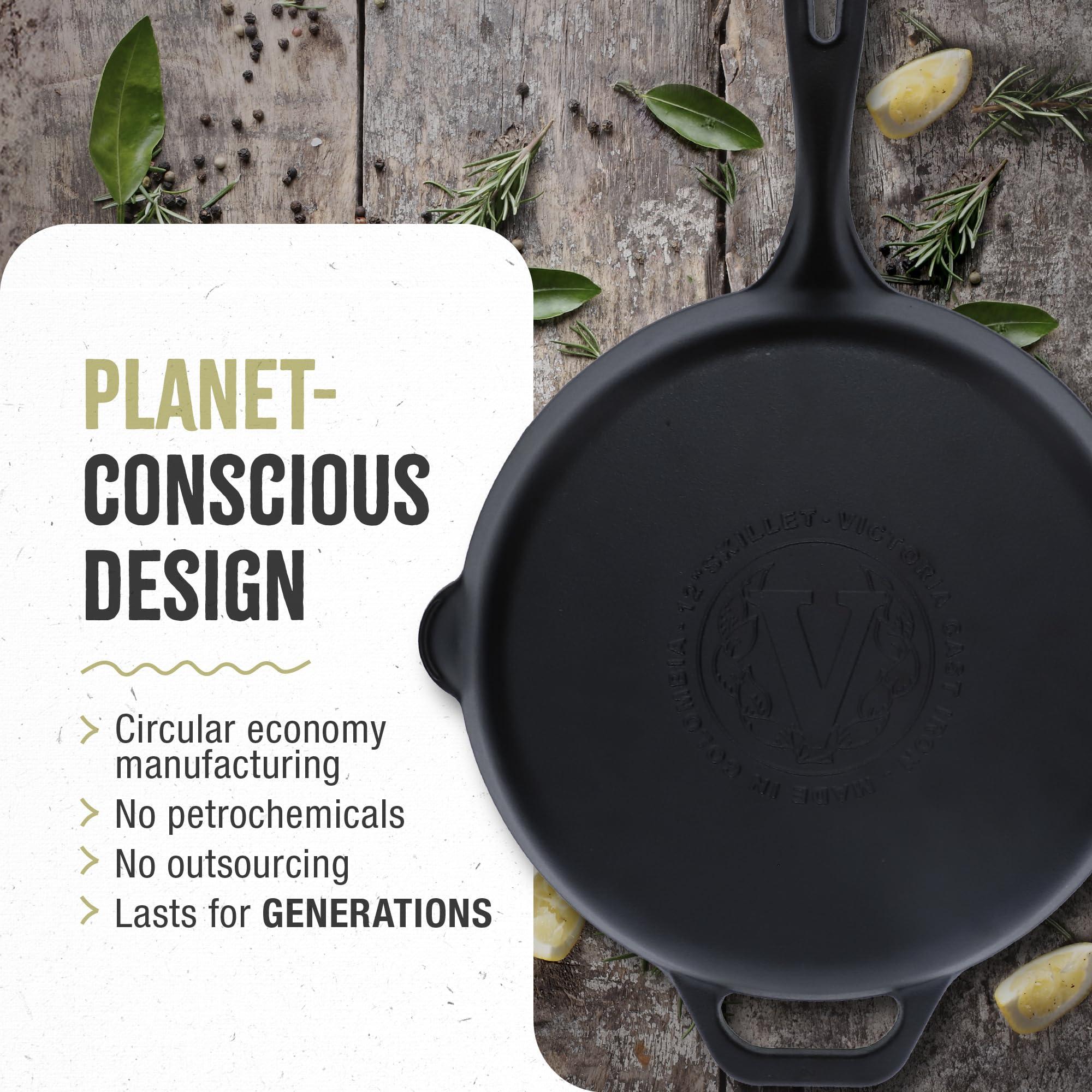 Victoria Victoria Cast Iron Skillet Large Frying Pan with Helper Handle Seasoned with 100% Kosher Certified Non-GMO Flaxseed Oil, 12 Inch, Black