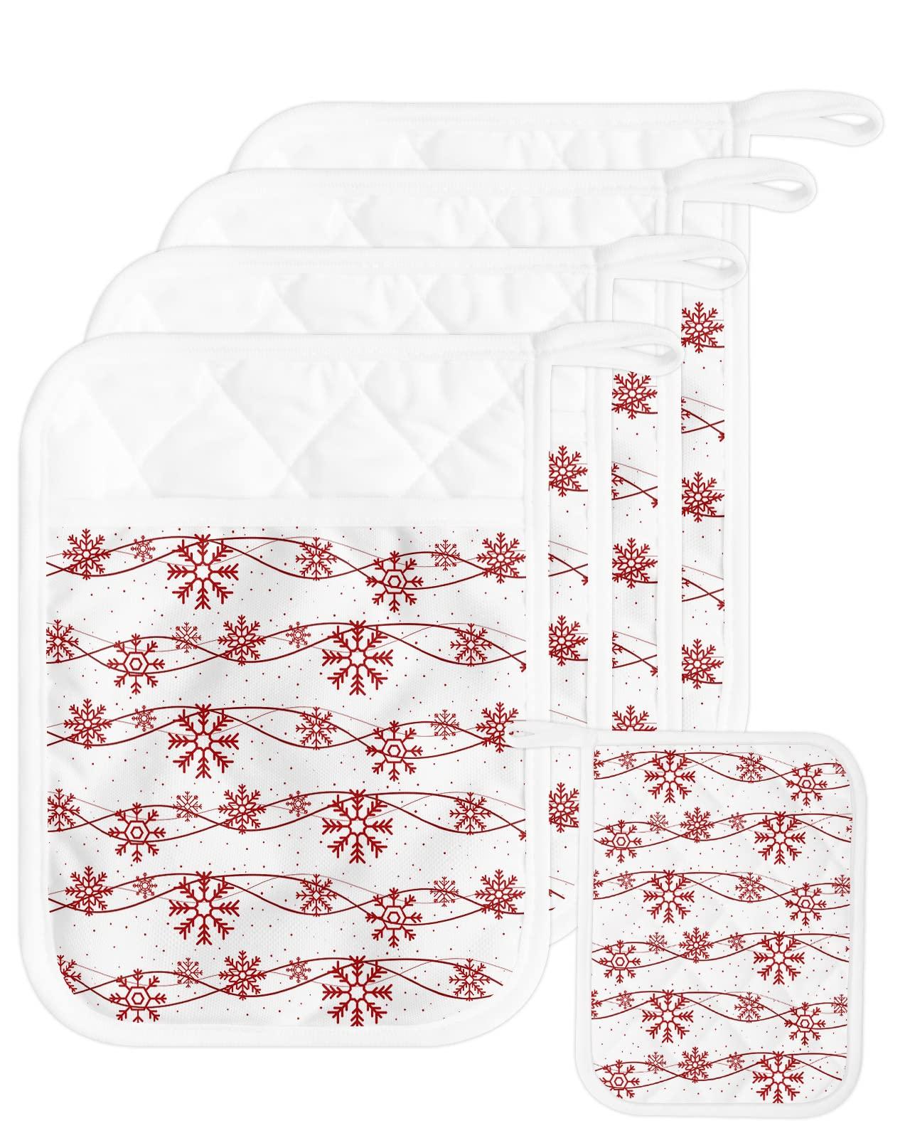 LEOKOTI 5 Pack Pocket Pot Holders, Christmas Snowflake Hot Pads for Kitchen Heat Insulation Potholders, Xmas Winter Red Snowflake White Decor Pot Holder Oven Mitts Hot Pad Trivet for Baking Cooking 9\"x7\"