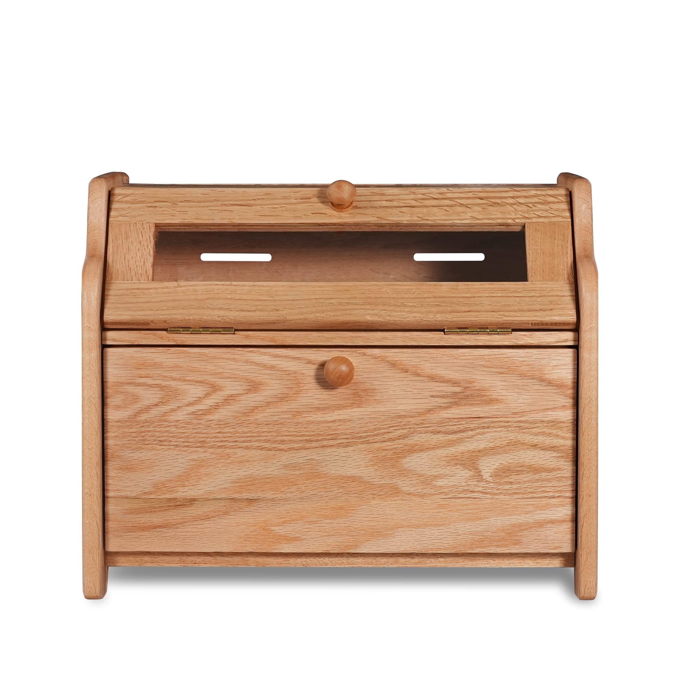 CONSDAN CONSDAN Bread Box, Solid Wood Oak Bread Box for Kitchen Countertop, Double Layer Bread Container for Bread Storage, Large Capacity Breadbox with Clear Window, Nature