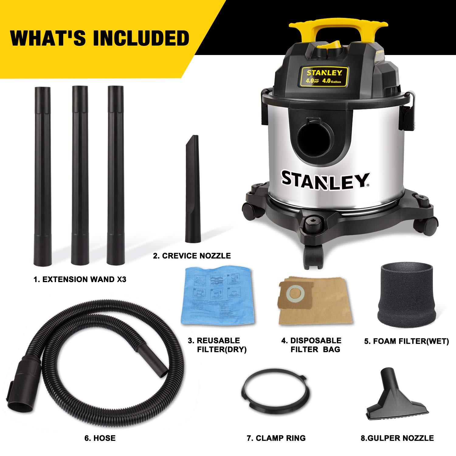 Stanley STANLEY 4 Gallon Wet Dry Vacuum, 4 Peak HP Stainless Steel 3 in 1 Shop Vacuum Blower with Powerful Suction, Vacuum for Job Site, Garage, Basement, Workshop, Top Handle, Portable Wet Dry Vac SL18301-4B