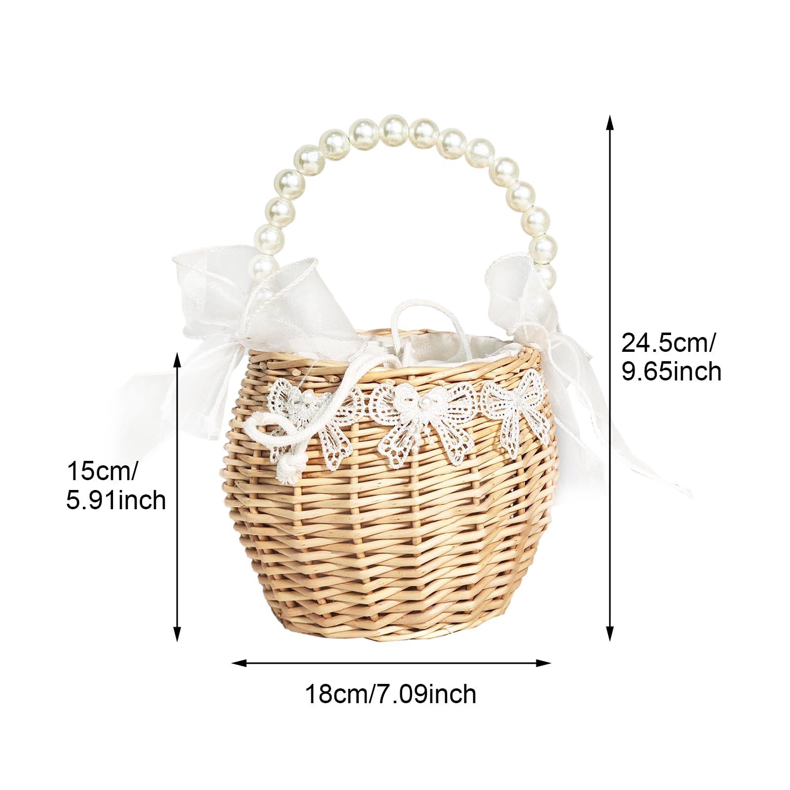JUOPZKENN JUOPZKENN Rattan Flower Basket,Pearl Flower Girl Basket Rattan Basket Flower Girl Bag Rustic Flower Girl Basket Wicker Basket for Wedding Flower Girl Accessories(18cm / 7.1in-White 2)