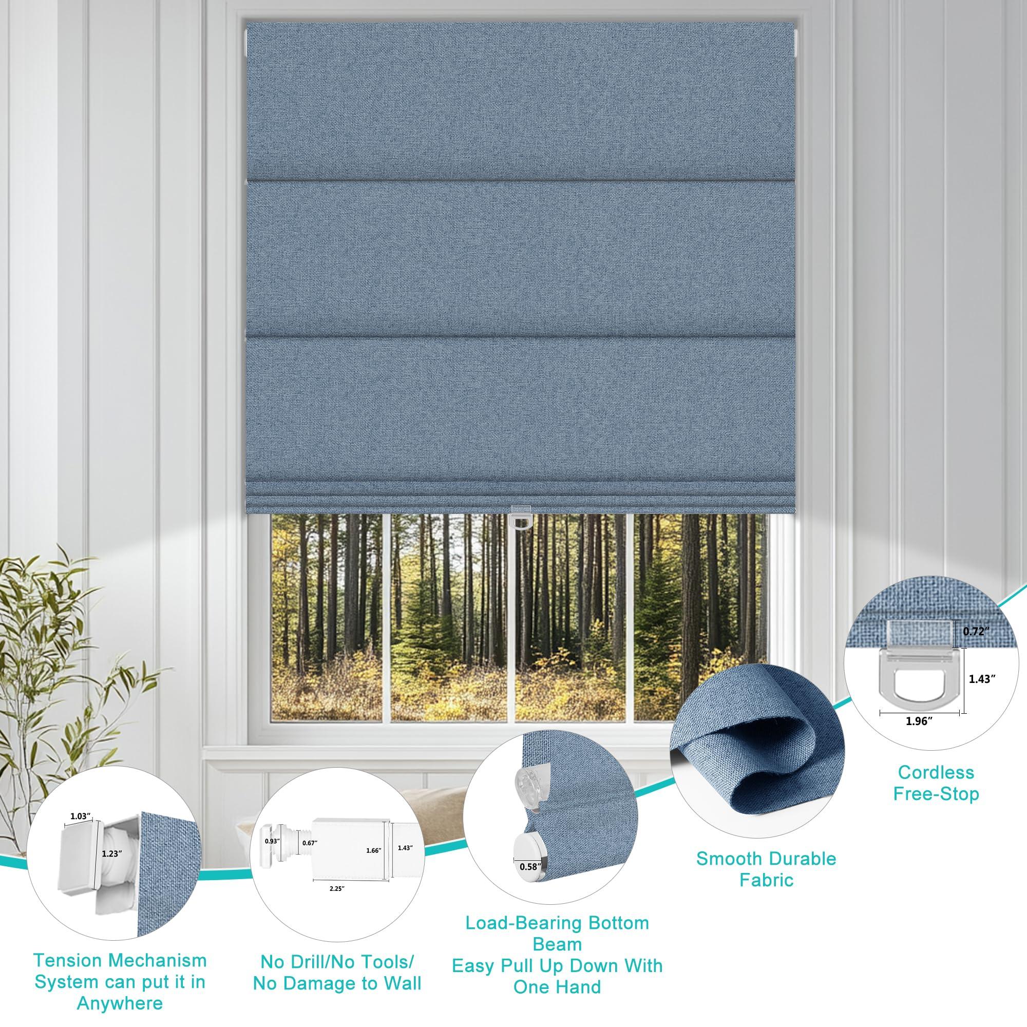 BERISSA BERISSA No Drill Cordless Roman Shades for Window, Blackout Roman Blinds Room Darkening Roll up Blinds Easy Install Linen Roman Window Shades for Inside Mount,35" W x 66" H,Jacquard Blue