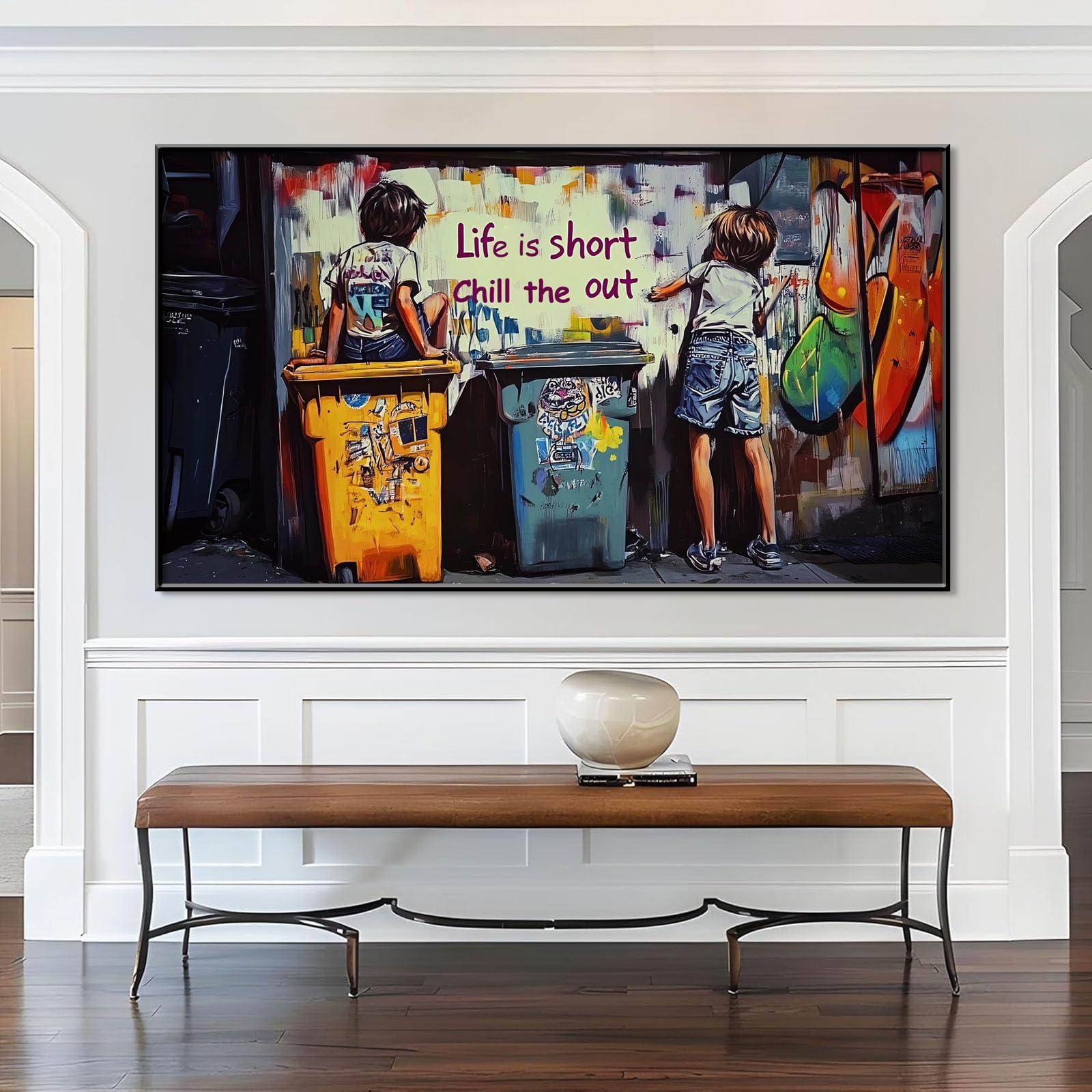 HOLECIC Banksy Canvas Wall Art, Banksy Art Wall Decor, Graffiti Canvas Wall Art, Banksy Two Boys, Life Is Short, Chill The Out, Street Art Wall Decor, Graffiti Painting, Urban Art, Home Decor (Gold Frame, 23\"x13\"|60x35cm)