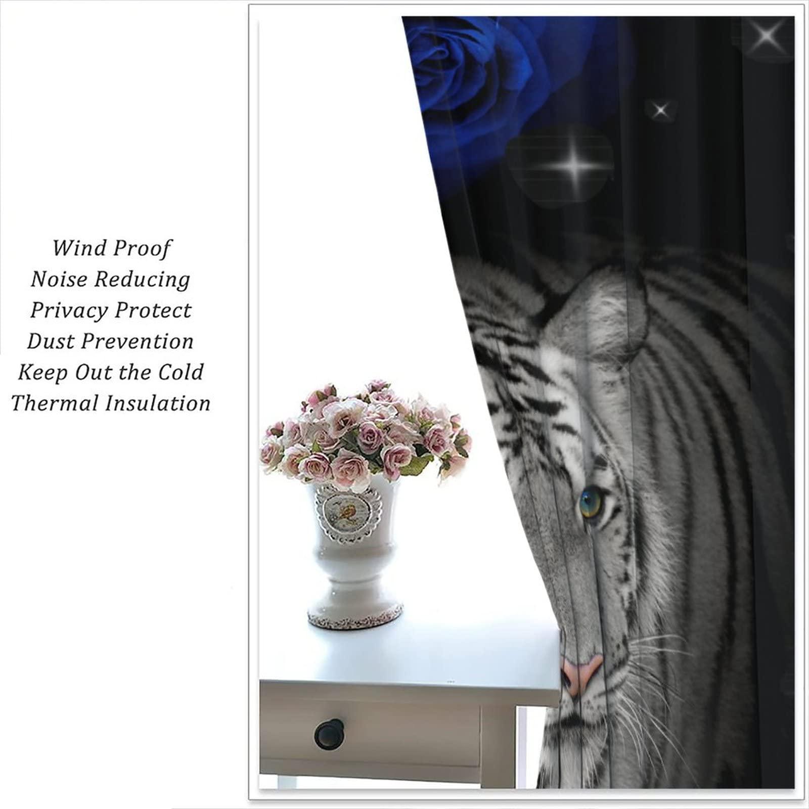 YCness Tiger Curtain for Bedroom, Blue Rose Leopard Kid Curtains Africa Wildlife Animal Theme Window Treatment, White Tiger Flower Drapes 2 Panel Sets,84x84 Inch