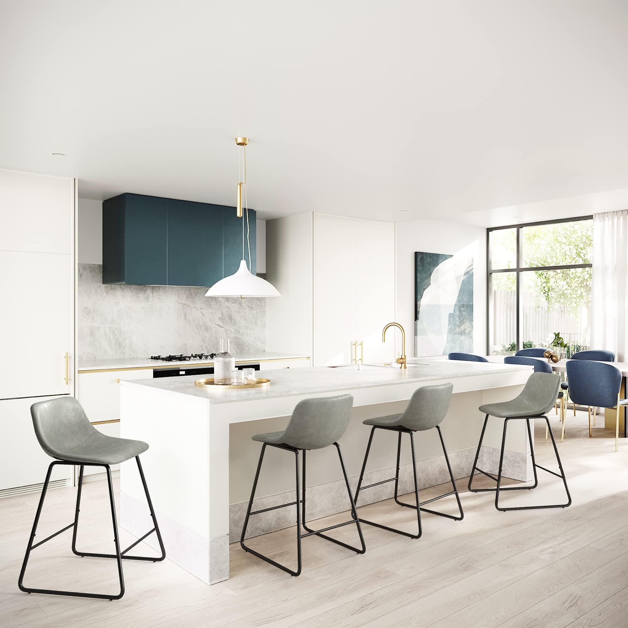 LUE BONA LUE BONA 24" ALX Faux Leather Barstools Set of 2, Bar Stools, Modern Counter Height Stools with Back and Metal Legs, Armless Counter Chairs, Grey