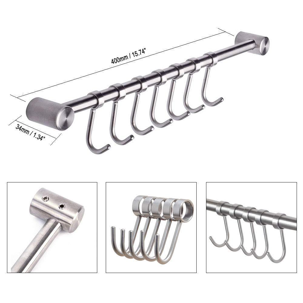 eForwish eForwish 304 Stainless Steel Kitchen Utensil Racks with 7 Sliding Hooks Hangers Wall Mounted 15\"