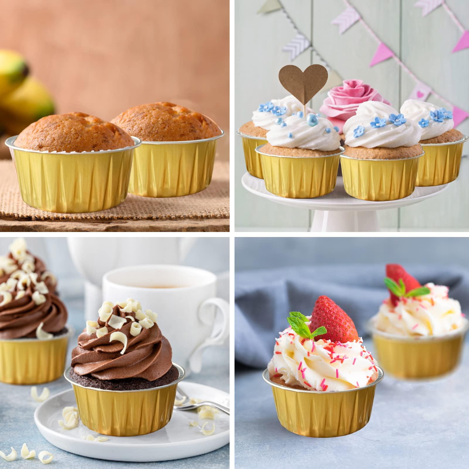 Augoog 100Pcs Aluminum Cups with Lids,5oz Disposable Ramekin Baking Cups Muffin Liners Mini Pie Pans Foil Cupcake Containers for Christmas Party Wedding Party