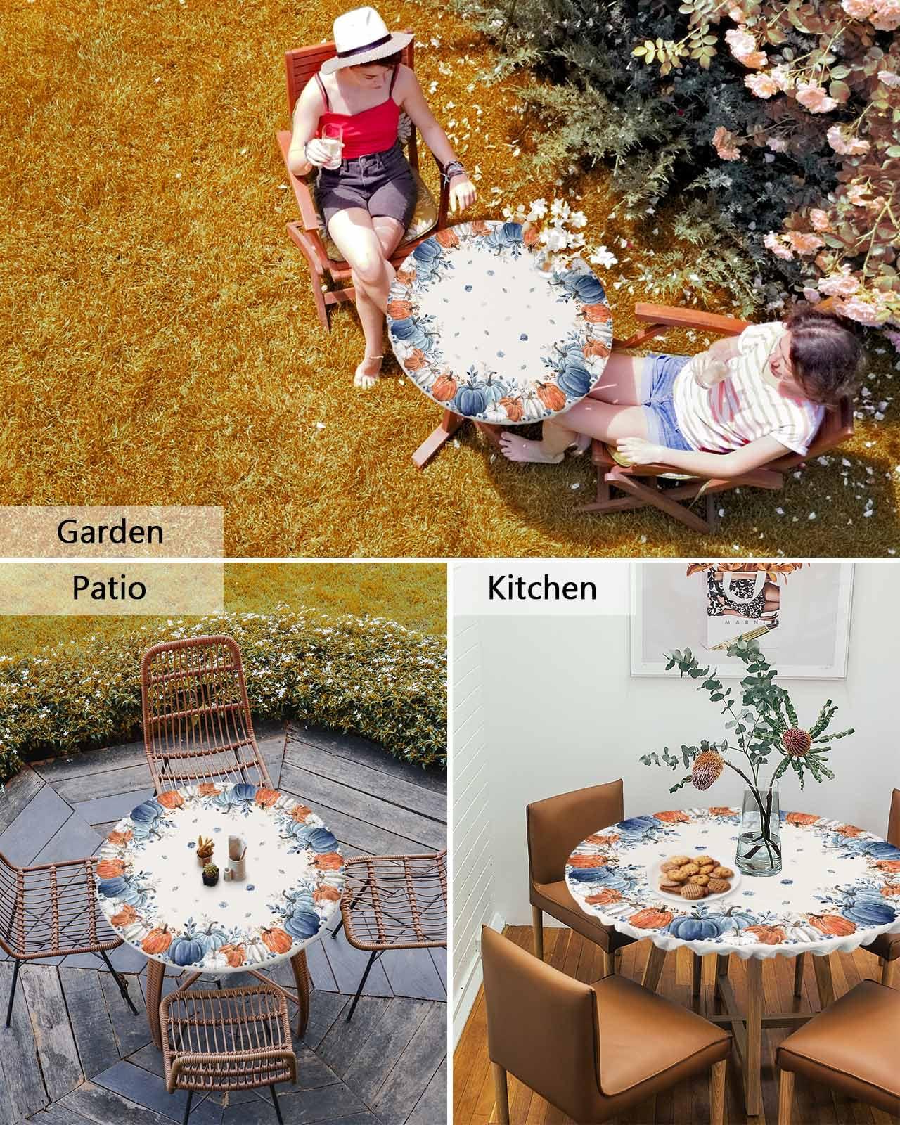 Chucoco Thanksgiving Round Table Cover with Elastic Edge,Fall Pumpkin Fitted Tablecloth for Round Tables,Autumn Farm Harvest Oil Proof Waterproof Table Cloth for Kitchen Party Holiday Outdoor Picnic 55-60in