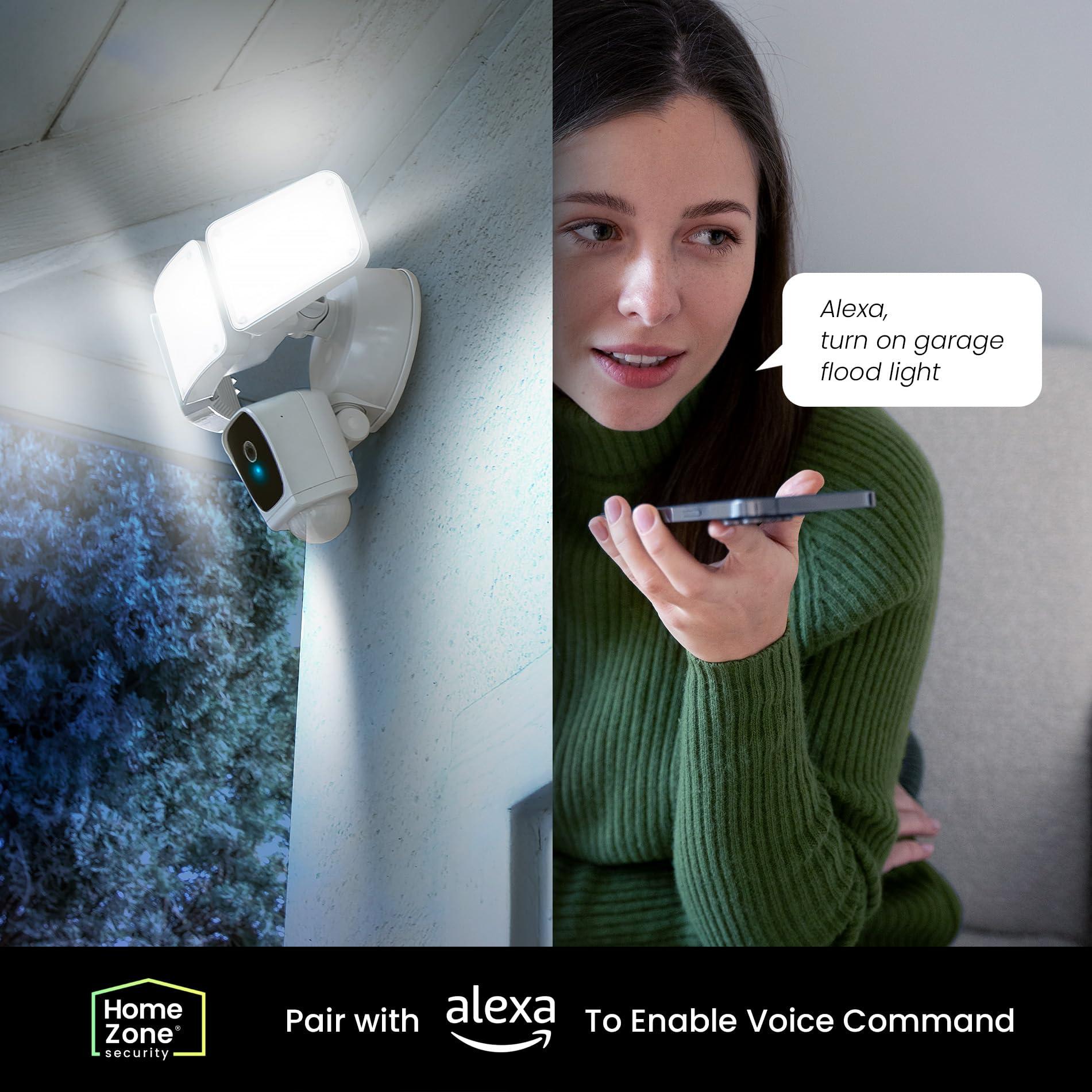 Home Zone Home Zone Security Triple Head Floodlight Camera Smart 2.4 GHz 1080P Outdoor Hardwired 3500 Lumen LED Flood Light Camera with 128GB Local Storage Included, White