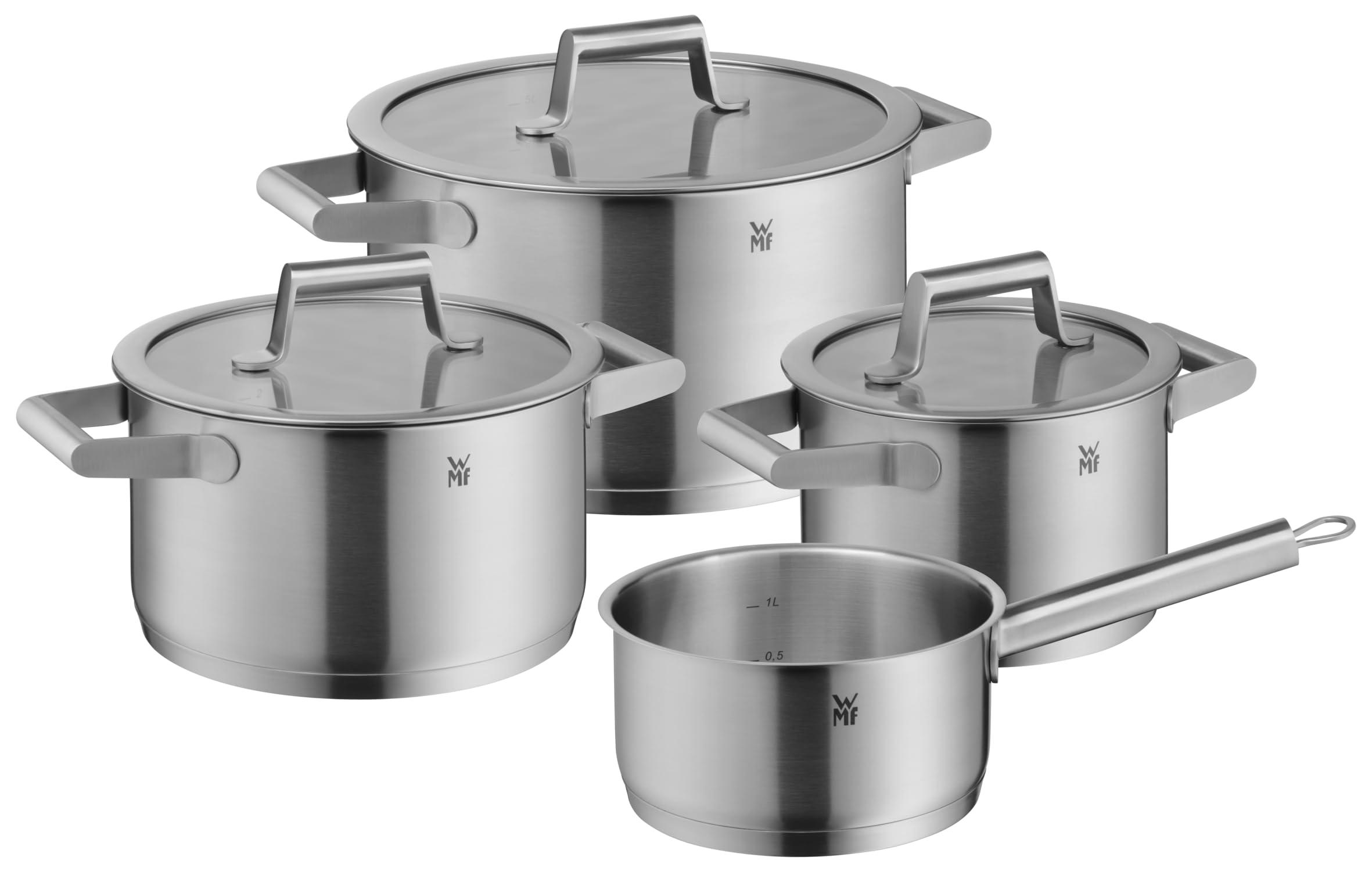 WMF WMF 732146040 Comfort Line Topfset Induktion 4-teilig Cromargan Matte Stainless Steel Pots Set with Glass Lid, Scale, Stackable, Uncoated, 18/10