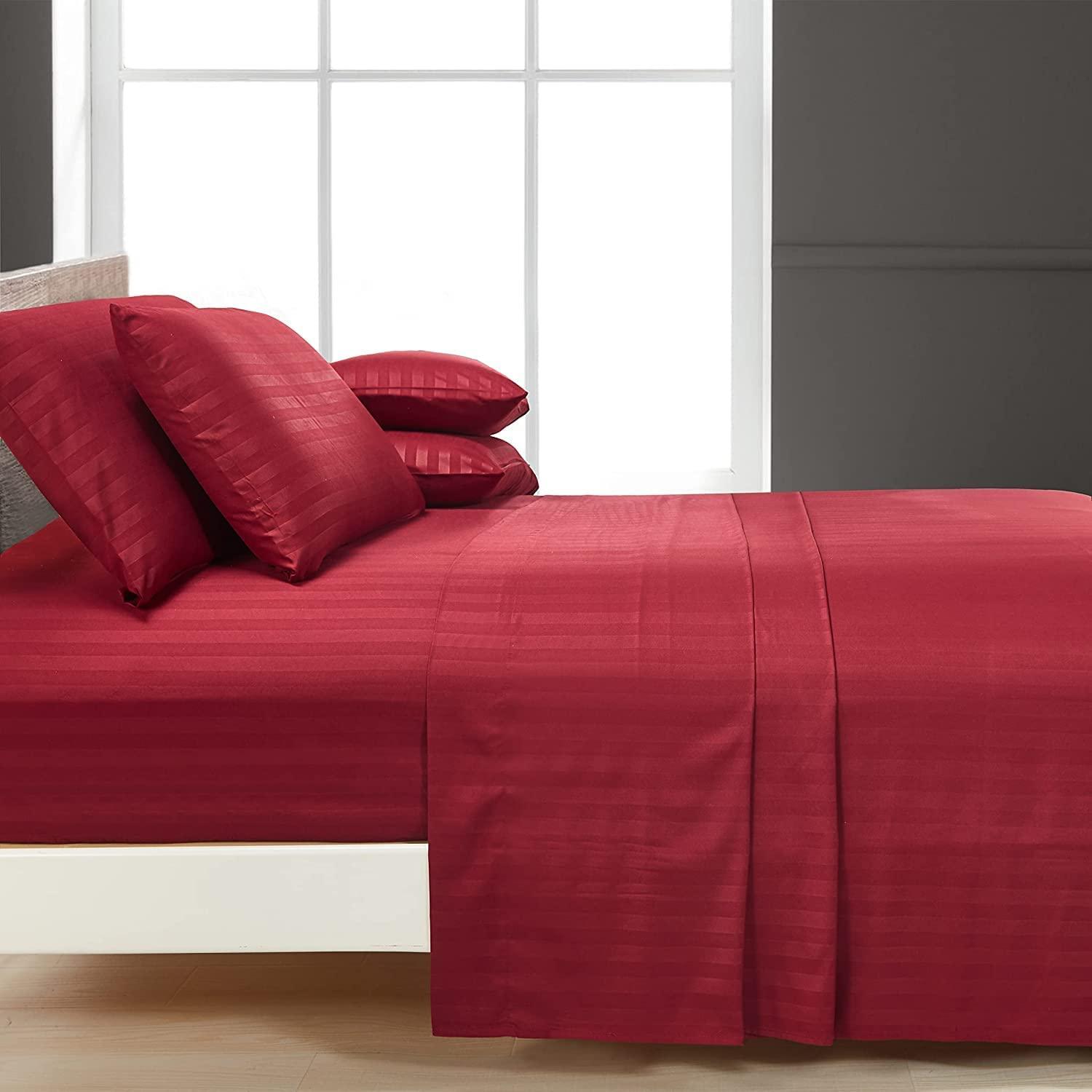 NON Sticky cotton Queen Size Sheet Set - 6 Piece Set - 400-Thread-Count 100% Egyptian Cotton Bed Sheets - Deep Pockets - Easy Fit - Bed Sheets Queen Size Set - Burgundy Stripe Bed Sheets - Queens Sheets - 6 PC