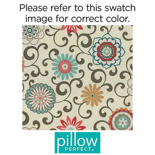 Pillow Perfect Pillow Perfect Floral Indoor/Outdoor Chair Seat Cushion with Ties, Tufted, Weather, and Fade Resistant, 18.5\" x 19\", Blue/Brown Pom Pom Play, 2 Count