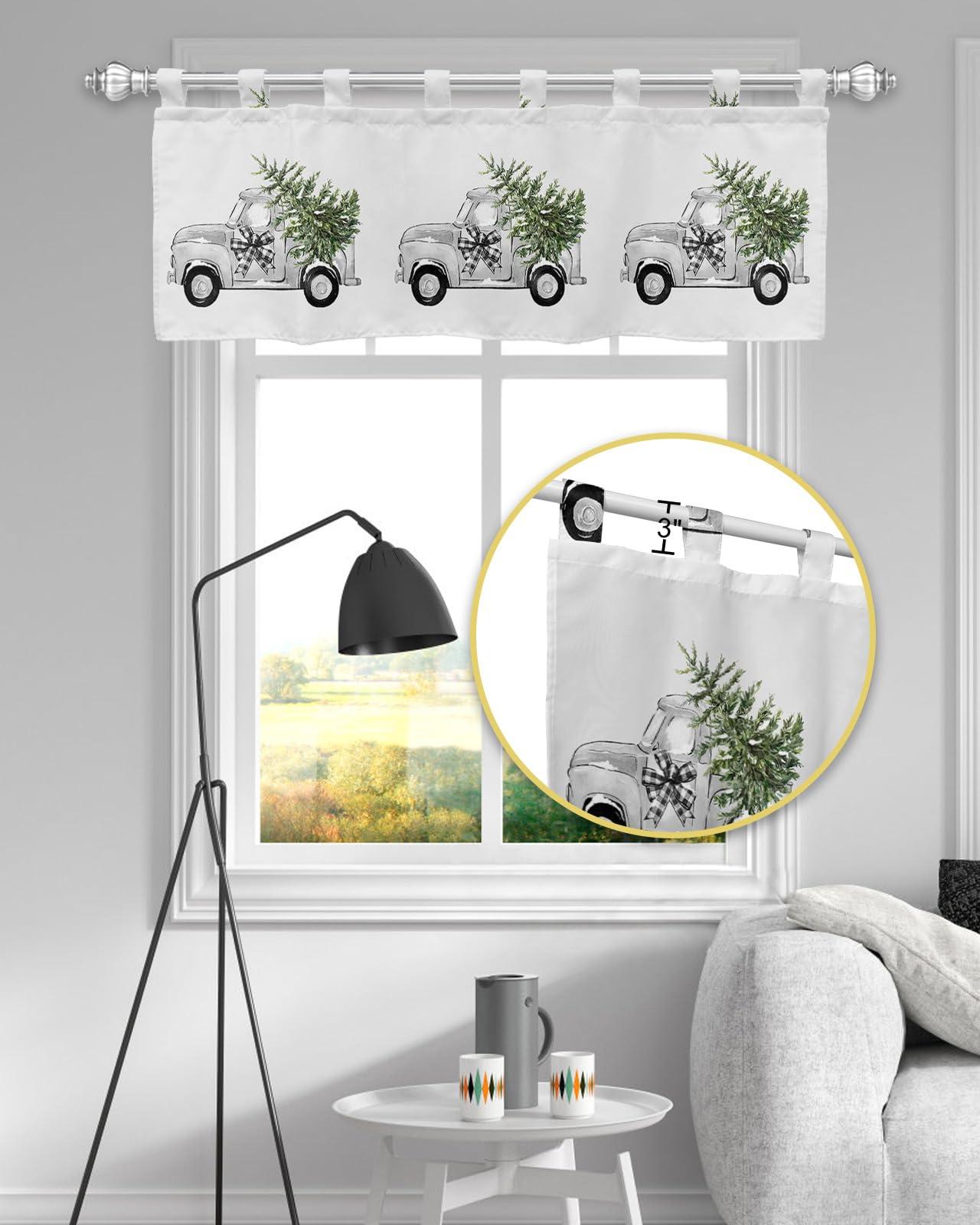 ZOE GARDEN Christmas Tab Top Valances for Windows, Short Window Treatment Vanlance Curtains & Drapes for Kitchen Living Room Bathroom Bedroom Cafe Classic Old World Car Xmas Green Pine Tree 54\'\' x 18\'\'