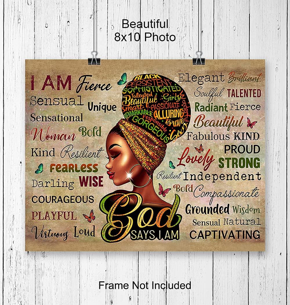 YELLOWBIRD ART & DESIGN African American Women Positive Affirmations - Black Wall Art - Religious Christian Gifts for African American Girls - Inspirational Spiritual Positive Quotes Sayings Poster Picture - God Says You Are