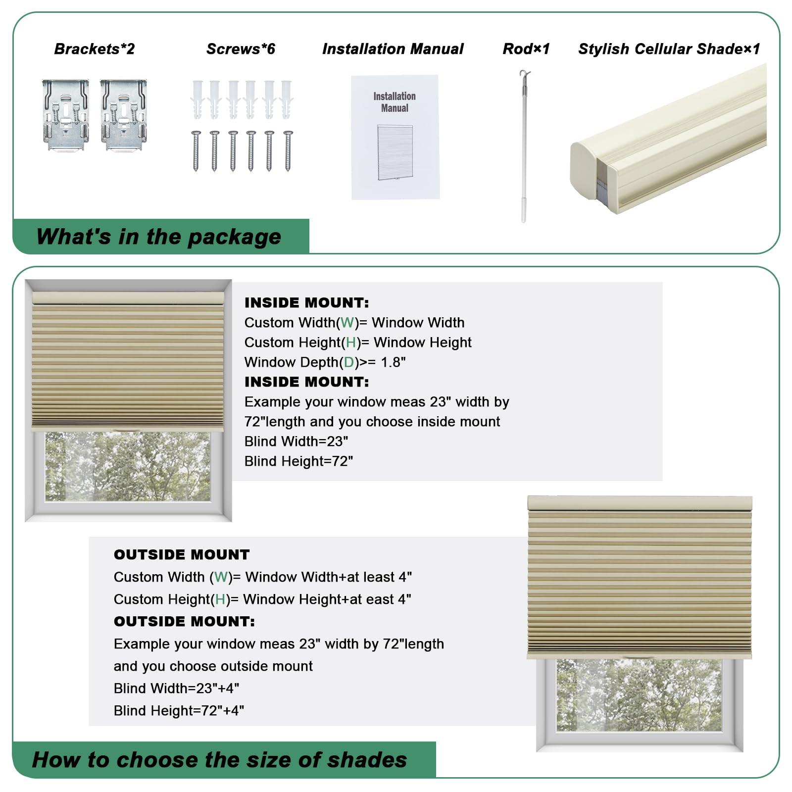 Tonature Toanture Custom Cordless Cellular Blinds, Easy to Install Blackout Honeycomb Window Blinds for Shades, Thermal Insulated 1.8" Single Cell Honeycomb Blinds for Bedroom, Office(Beige,77" W x 72" H)