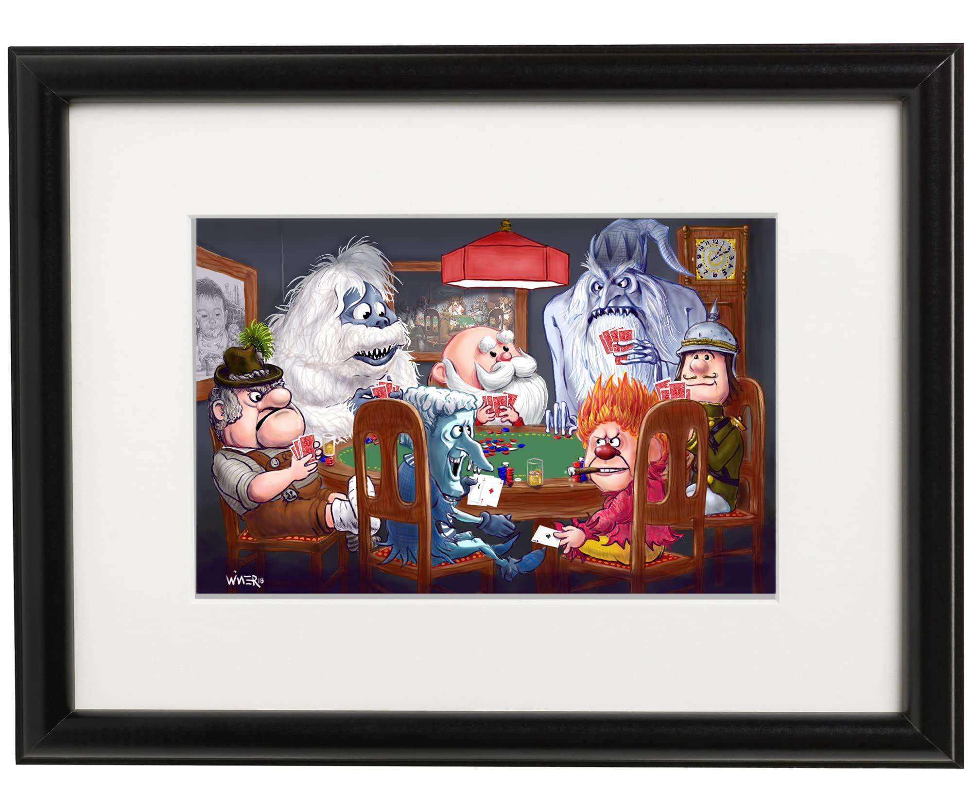 Generic Christmas Characters Playing Cards: Holiday Characters meet Dogs Playing Poker Cartoon Signed Print Wall Art, Southworth Heavy Linen Paper