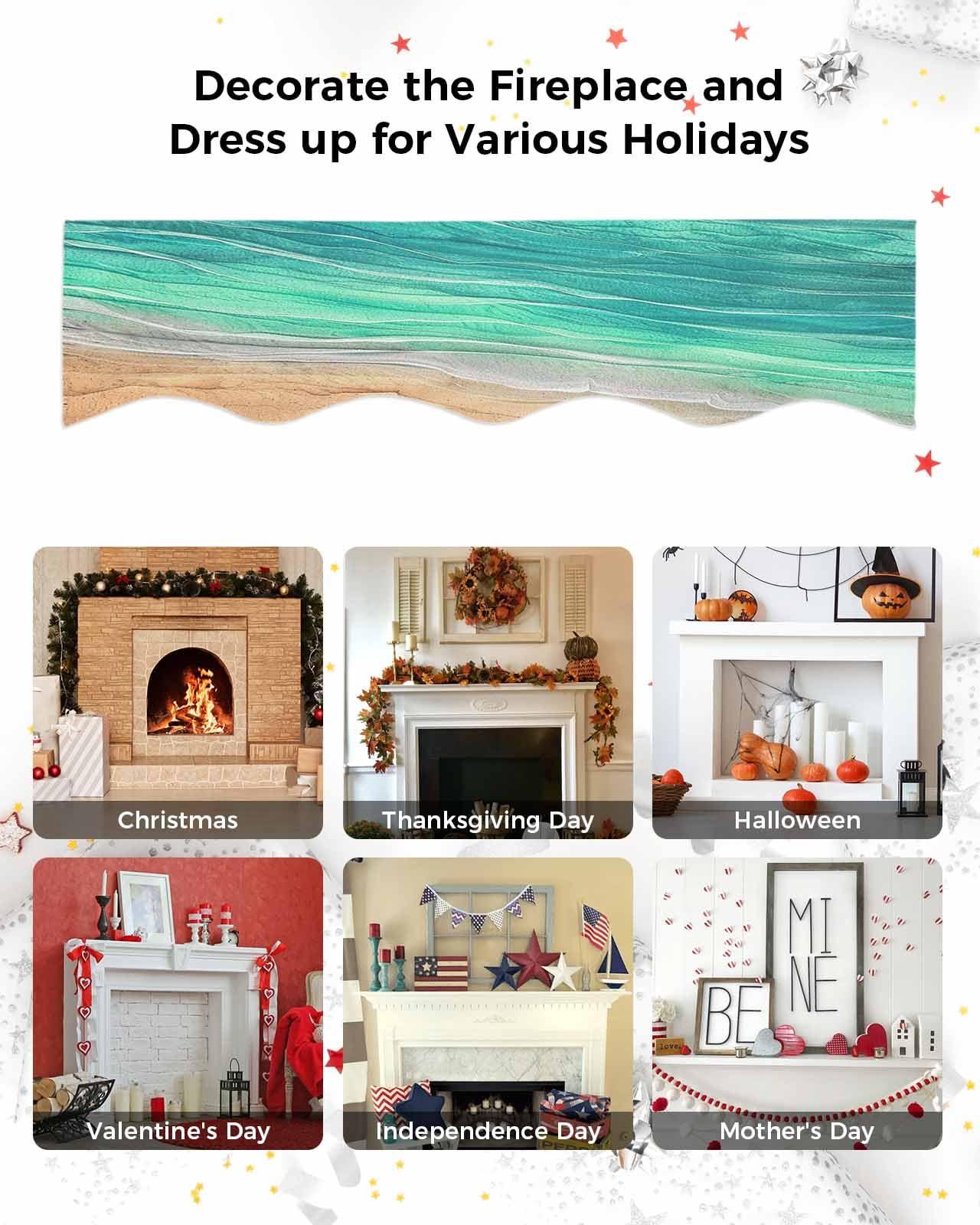 Victoroes Victoroes Ocean Sea Mantle Scarf 70 x 17 Inch, Beach Coastal Sea Waves Gradient Green Fireplace Mantel Scarf Mantle Cover Runner for Home Living Room Indoor Holiday Party Decor