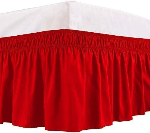Drona Bedding Short Queen Red Wrap Around Bed Skirts with 16\" Drop - Three Sides Fabric Adjustable Dust Ruffle -600TC Stretchy Cotton Bed Skirt with 16\" Drop-Short Queen(60\"X 75\") Red